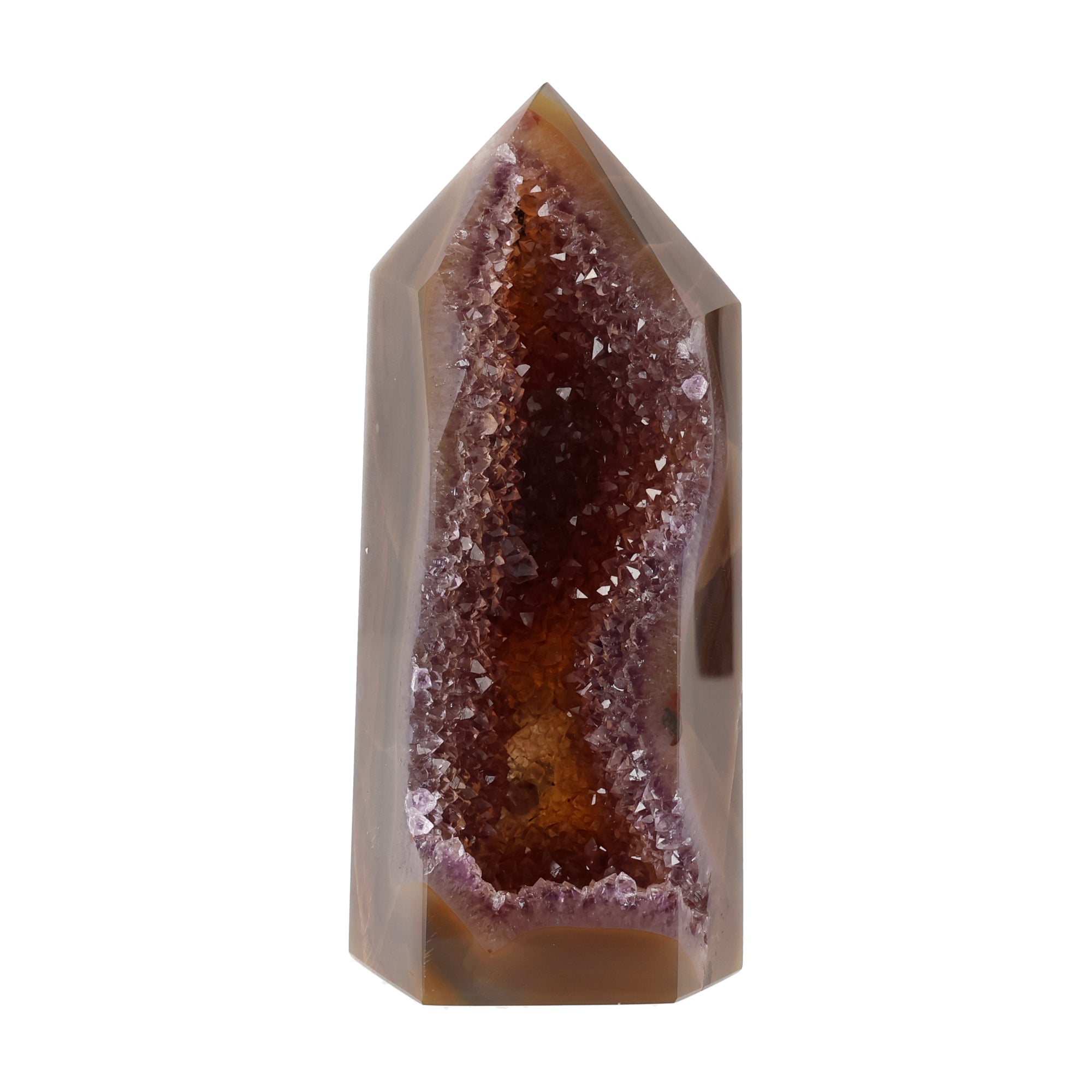 Amethyst Fire Obelisk mit offener Amethystdruse aus Brasilien, 16 cm hoch, 648g schwer, poliertes Einzelstück mit Chalcedon-Bänderung und natürlicher Geodenstruktur