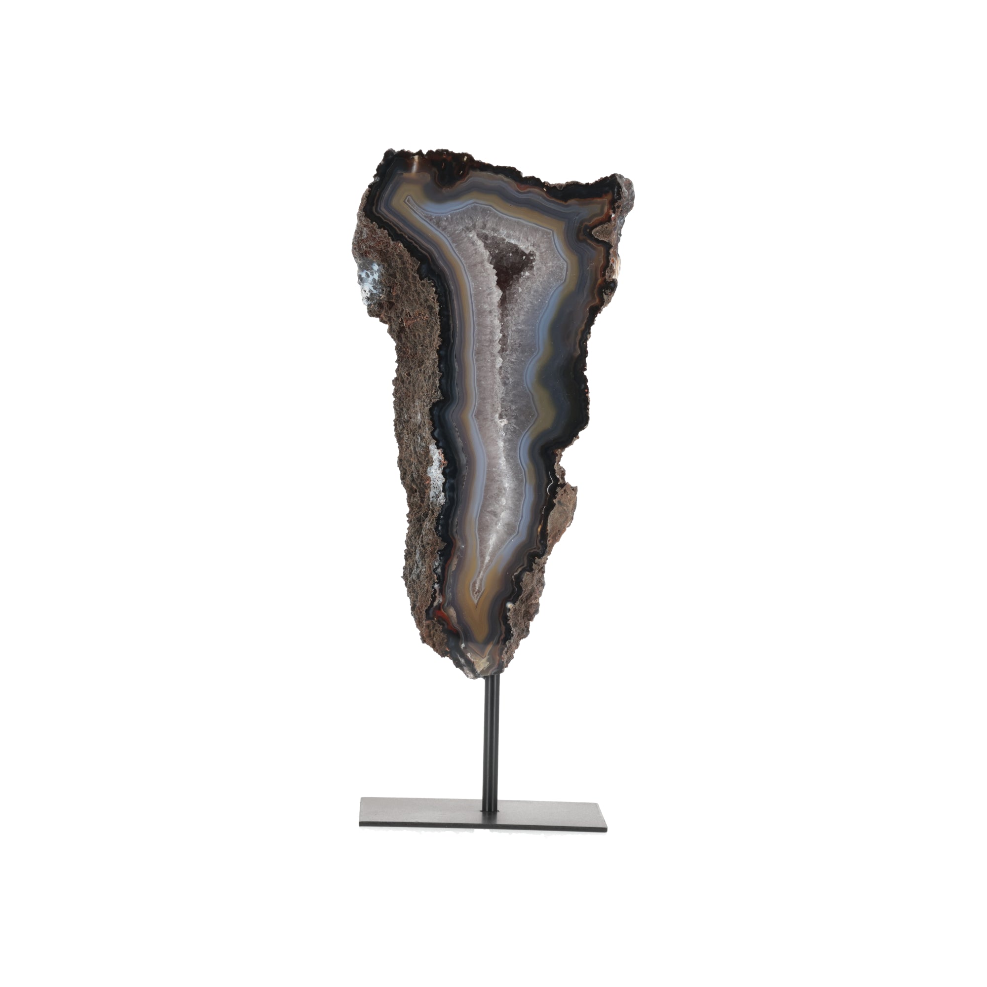 Achat-Scheibe „Erdfeuer“ – Schlanke Kristallgeode auf Metallständer (#447)