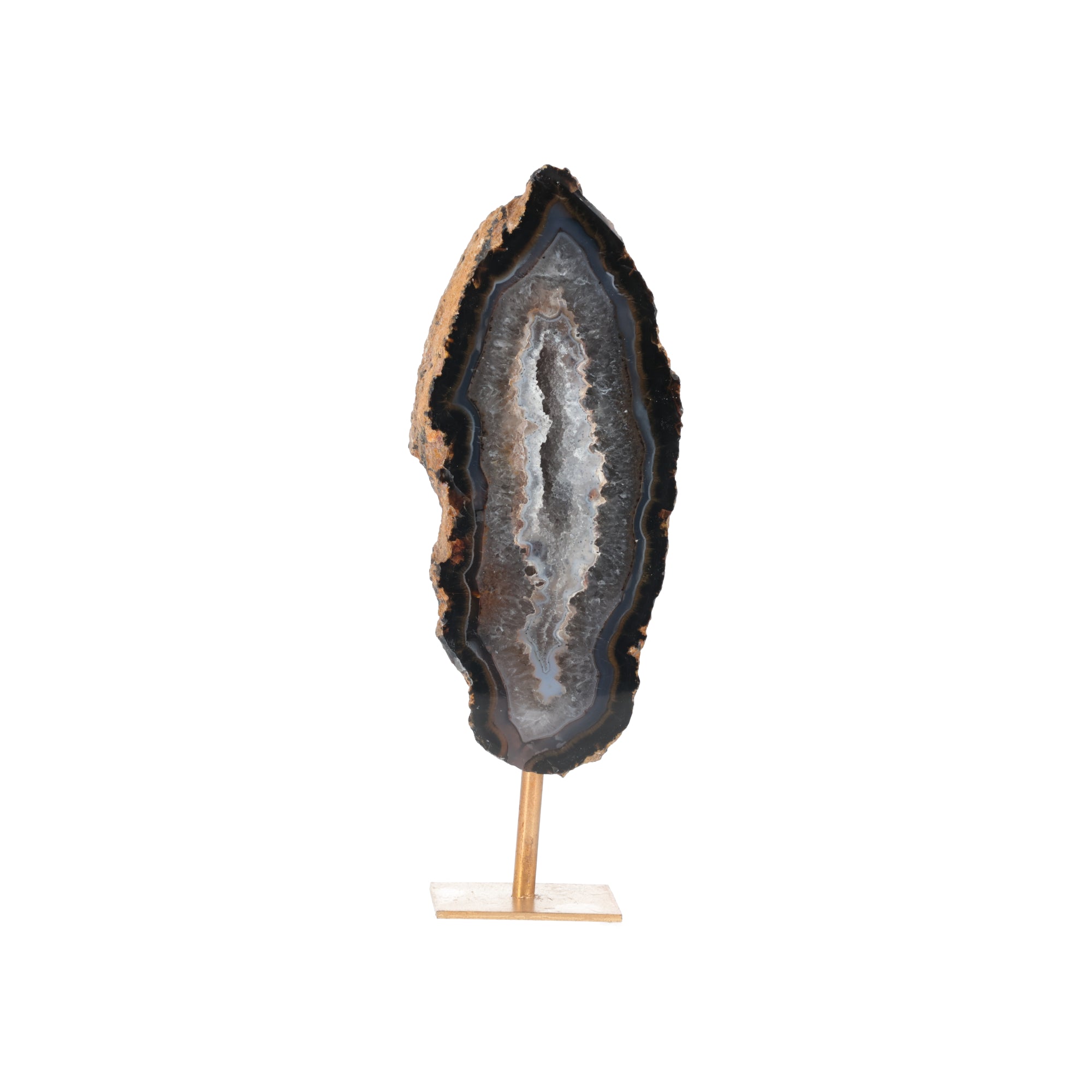 Achat-Geode „Nachtfeder“ – Schlanke Kristallgeode auf Goldständer (#445)