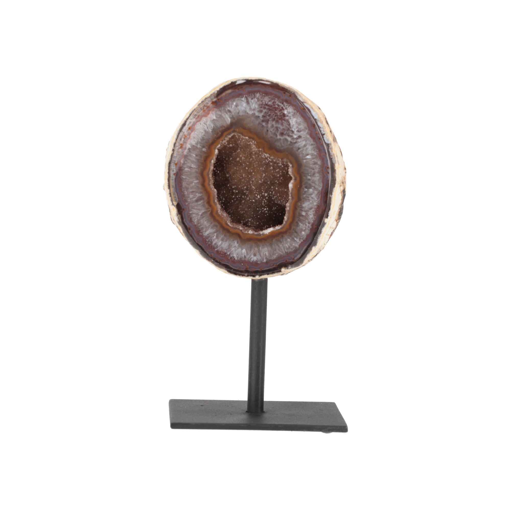 Achat-Geode „Bernsteinauge“ – Natürliche Kristallgeode auf Metallständer (#444)