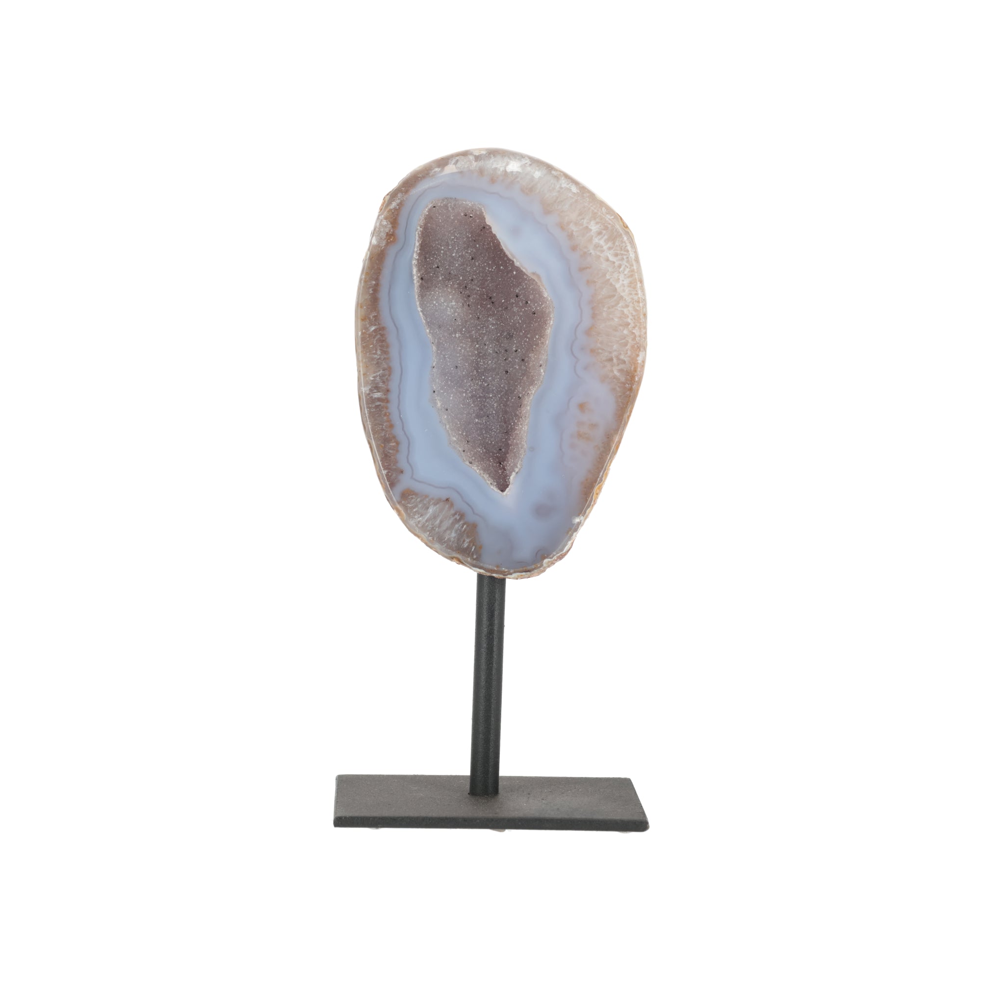 Achat-Geode „Himmelsschleier“ – Elegant mit zartem Kristallzentrum auf Metallständer #436)