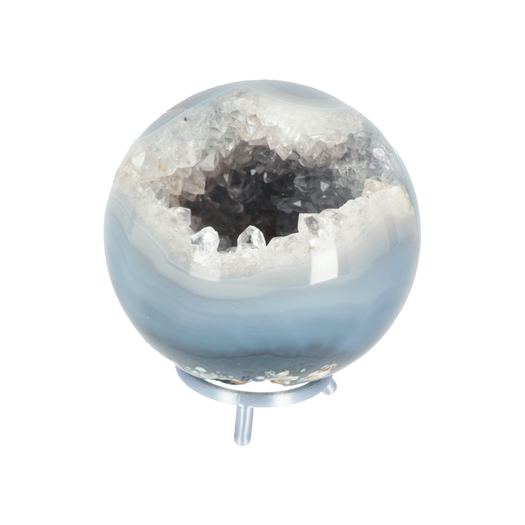 Achat-Drusenkugel "Sky Blue" mit Quarzdruse – Naturkunst in sanften Blautönen (#385)