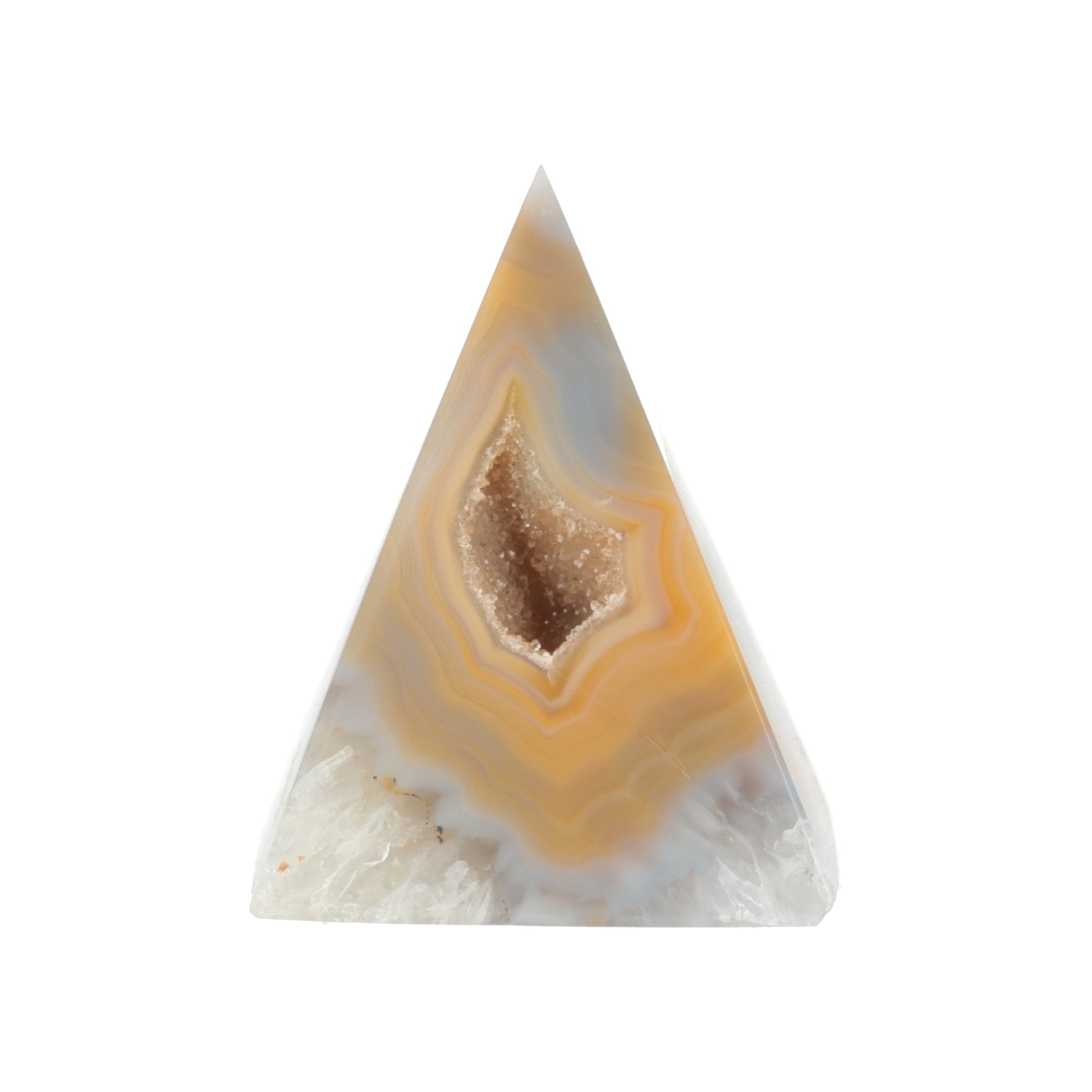 Achat-Pyramide „Goldene Oase“ – Elegantes Naturkunstwerk mit Kristalldruse (#459)