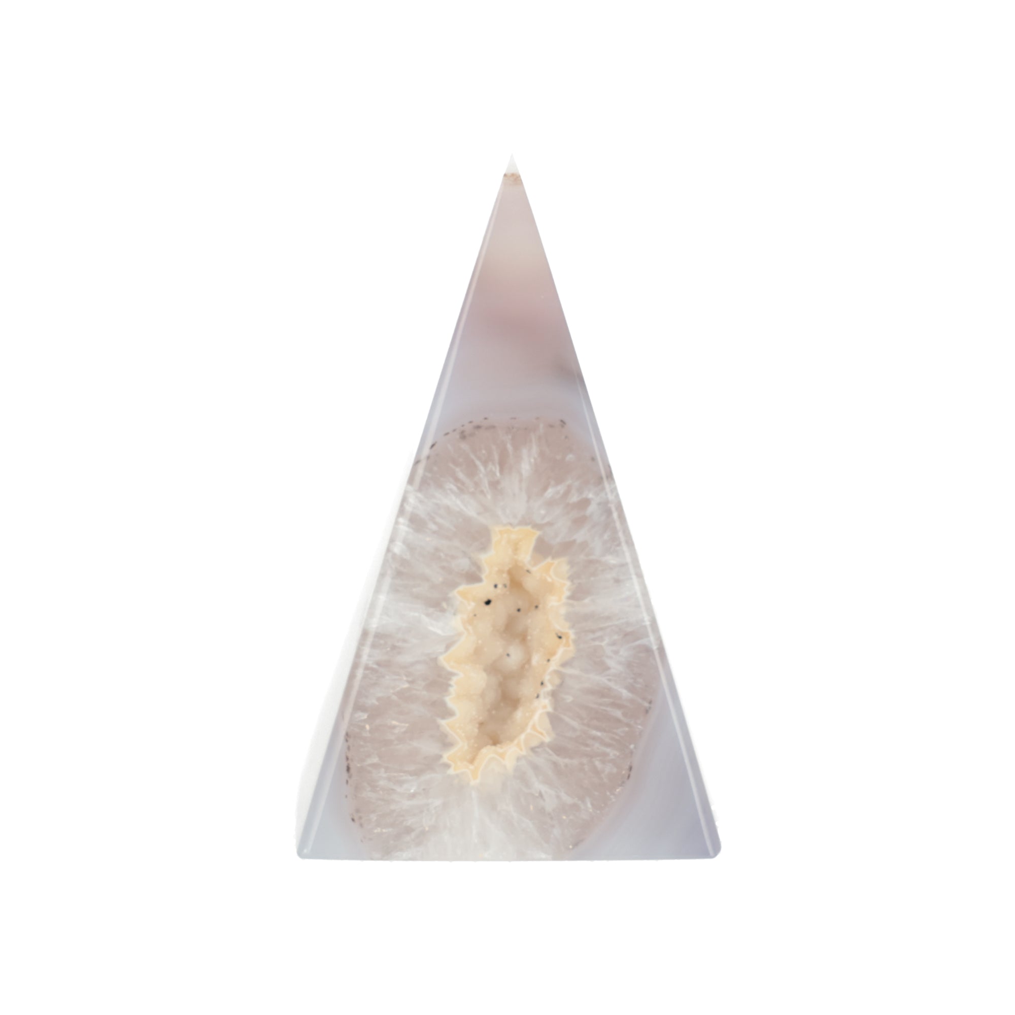 Achat-Pyramide „Eisblüte“ – Filigranes Naturkunstwerk mit kristallinem Zentrum (#463)