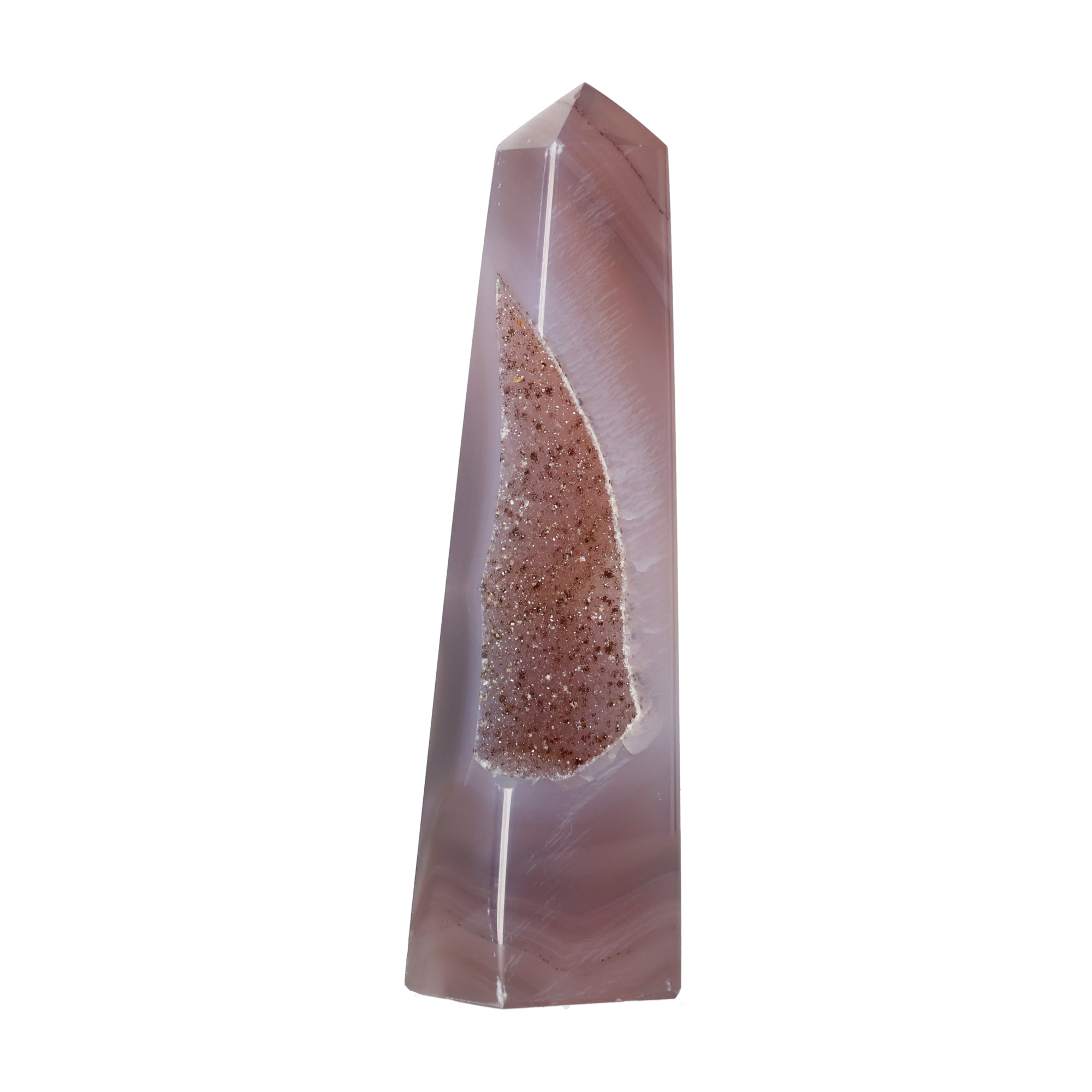 Polierter Achat-Obelisk aus Brasilien mit natürlicher Bänderung und teilweise offener Druzy-Kristallstruktur in Braun-, Grau- und Cremetönen.