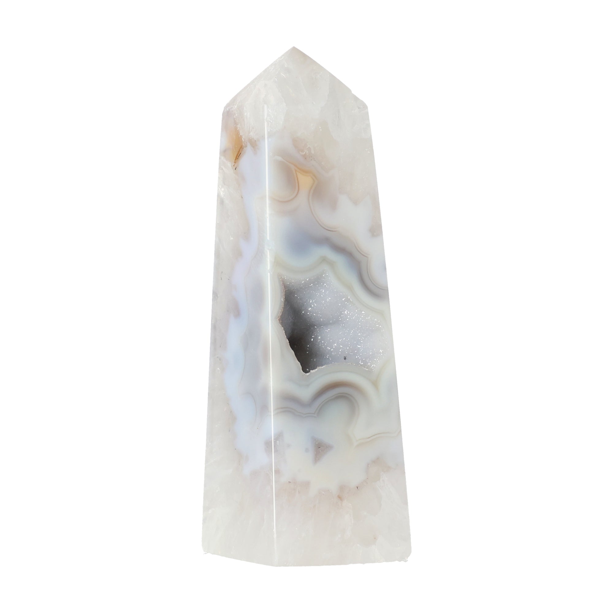 Polierter Achat-Obelisk aus Brasilien mit natürlicher Bänderung und teilweise offener Druzy-Kristallstruktur in Braun-, Grau- und Cremetönen.