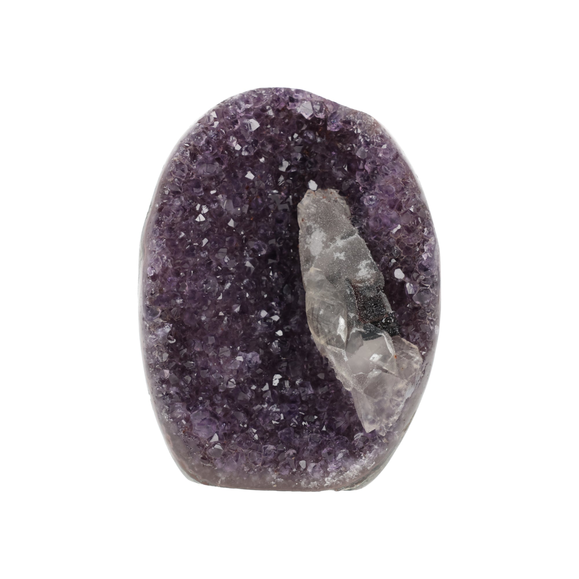 Amethyst-Druse „Mondschimmer“ – Amethyst Geode mit natürlichem Calcit-Kristall (#431)