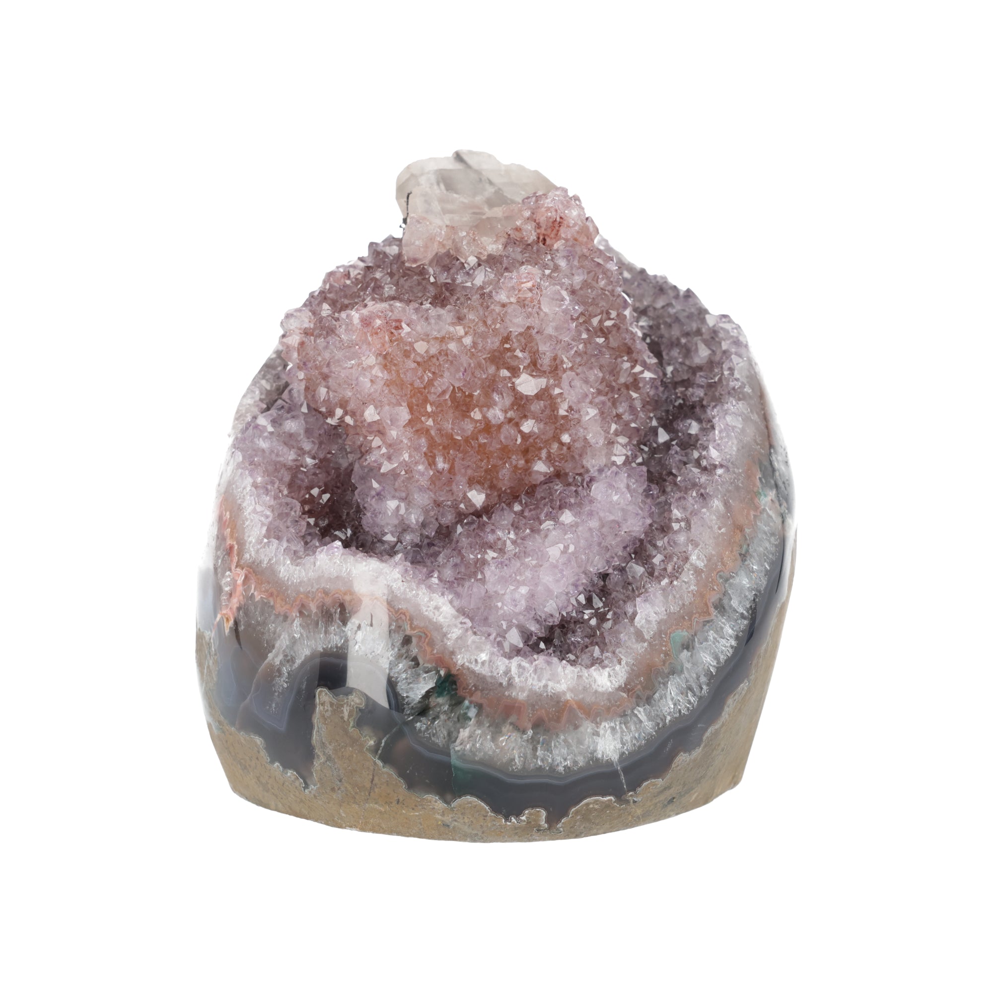 Amethyst-Druse „Rosenglanz“ mit natürlichem Calcit-Kristall (#428)