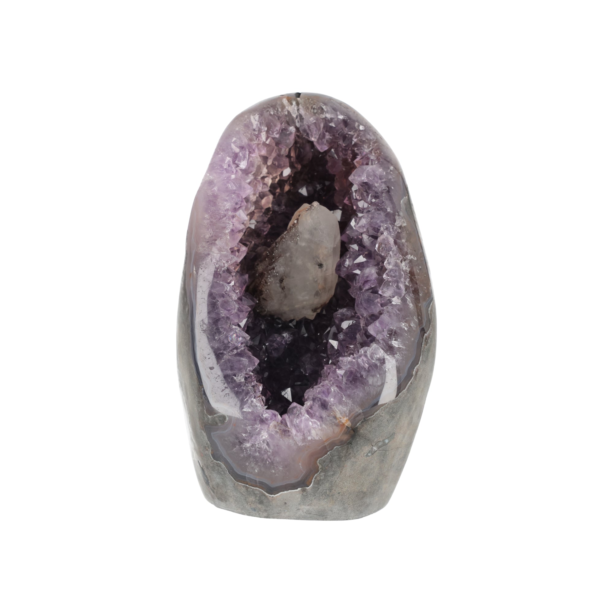 Amethyst-Druse „Seelenlicht“ – Amethyst-Geode mit natürlichem Calcit-Kristall (#420)