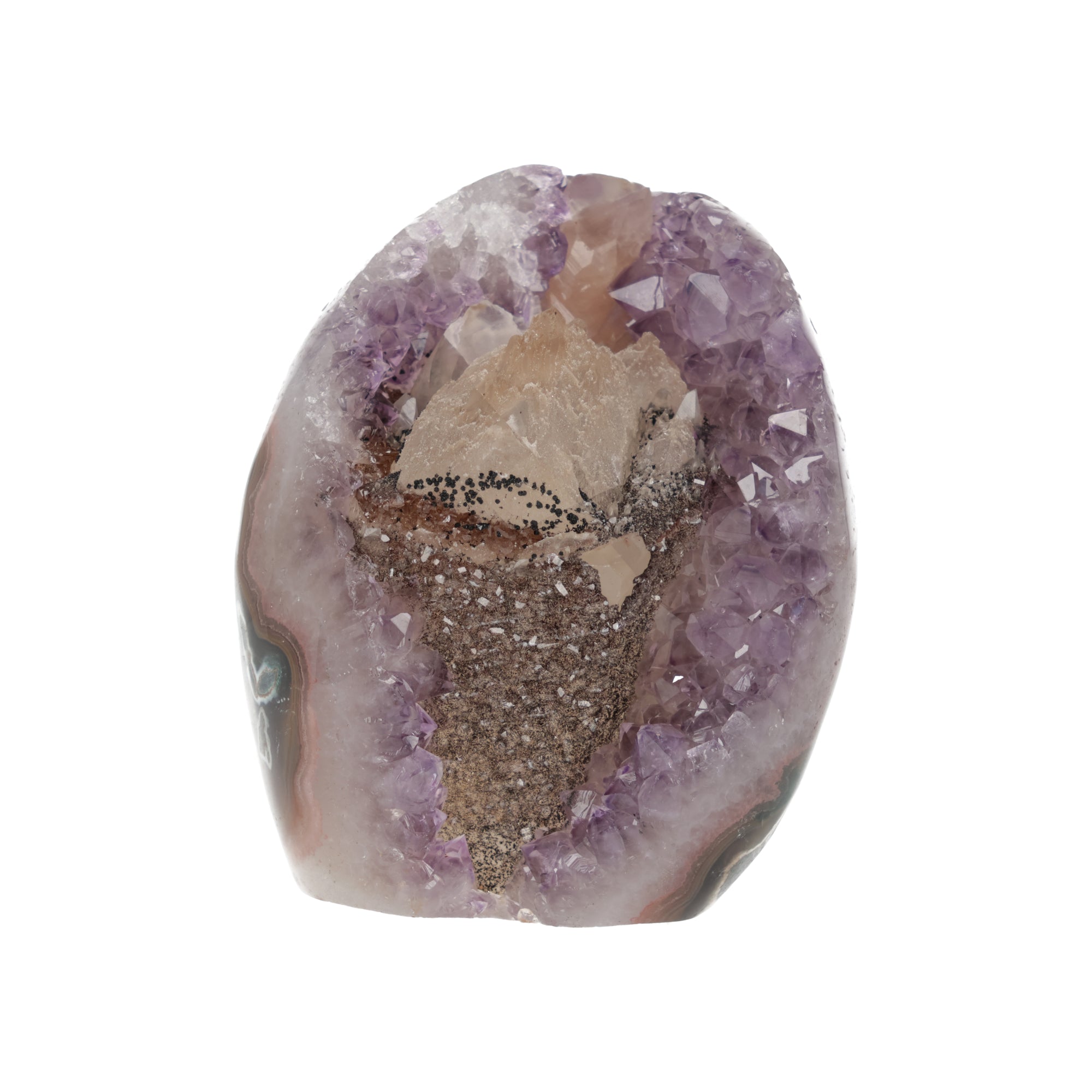 „Lavendeltempel von Lysoria“ – Amethyst-Druse mit Calcit und schwarzem Turmalin aus Uruguay (#503)
