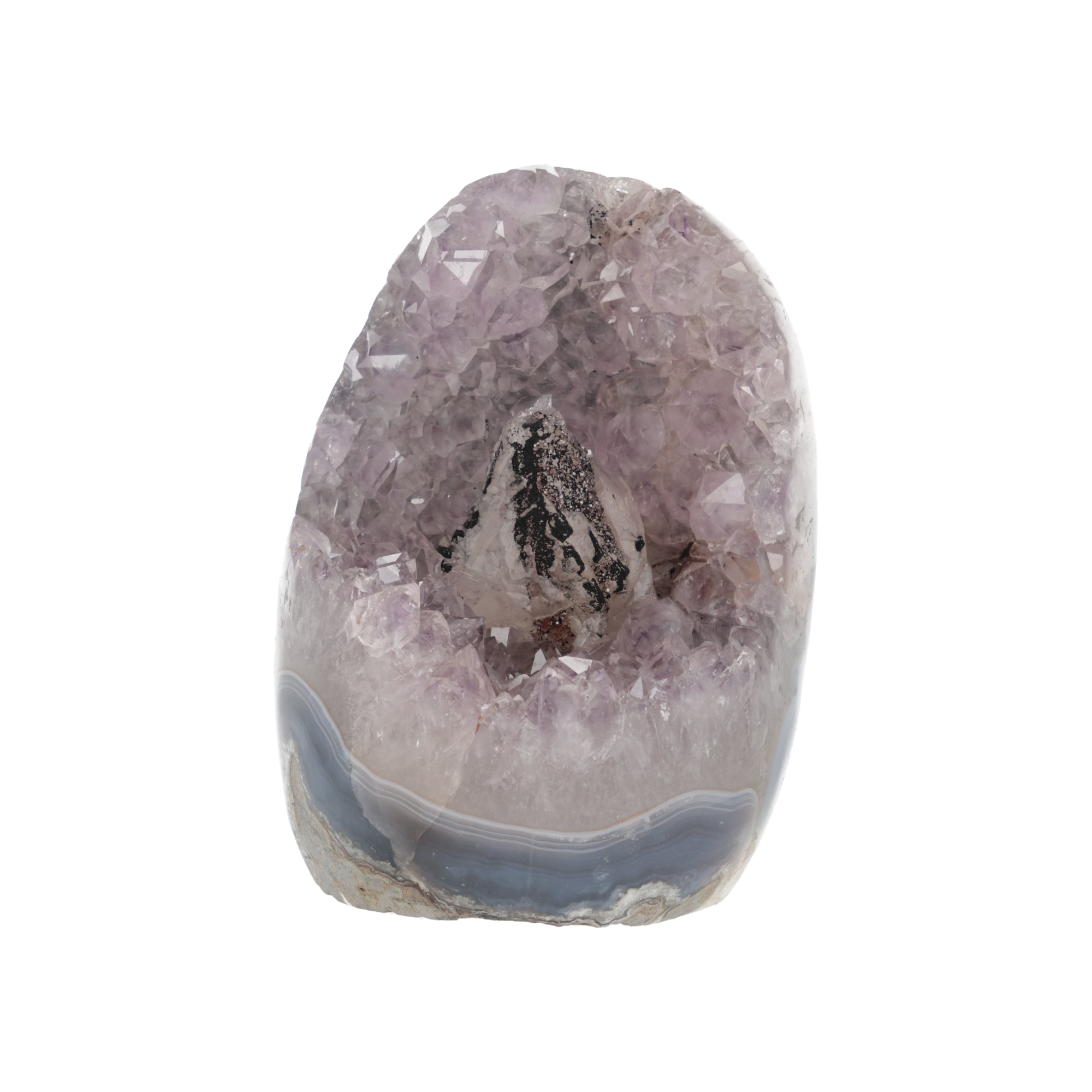 „Fliederlicht von Elarion“ – Amethyst-Druse mit Calcit und schwarzem Turmalin aus Uruguay (#502)