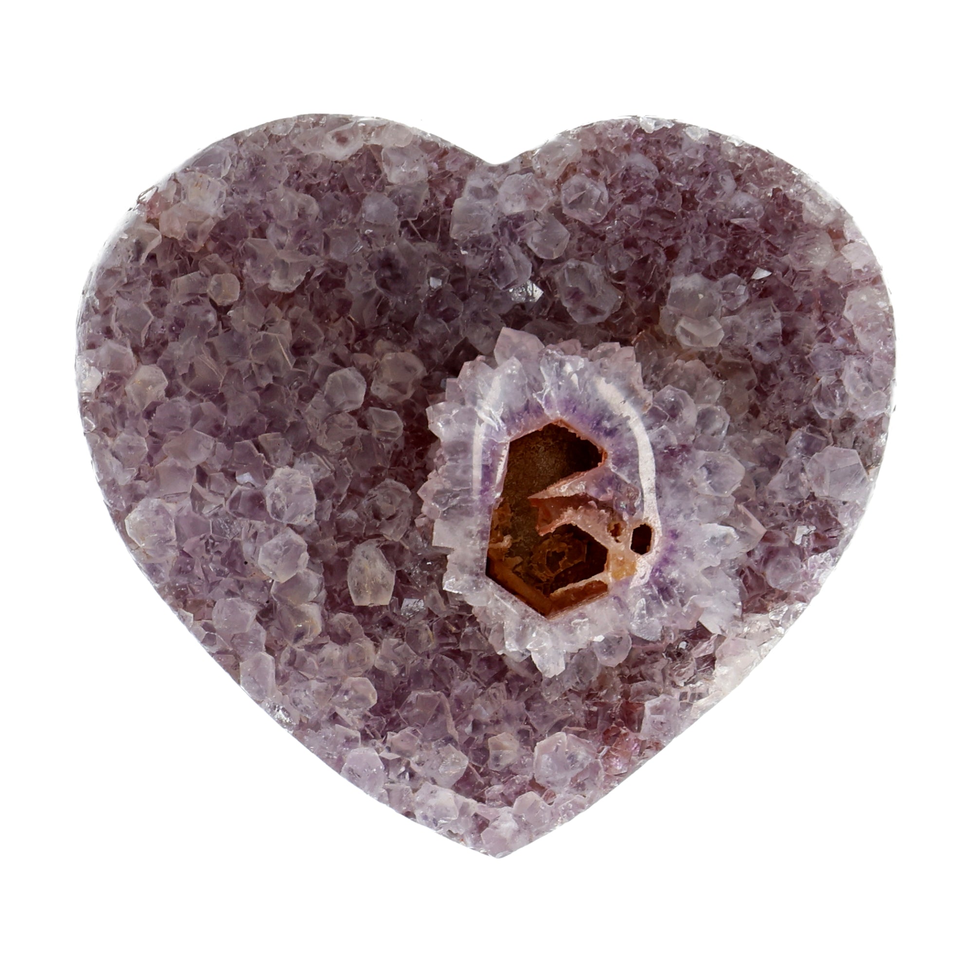 Poliertes Amethyst - Herz aus Uruguay mit natürlicher Kristalldruse und weißen Calcitkristallen im inneren.