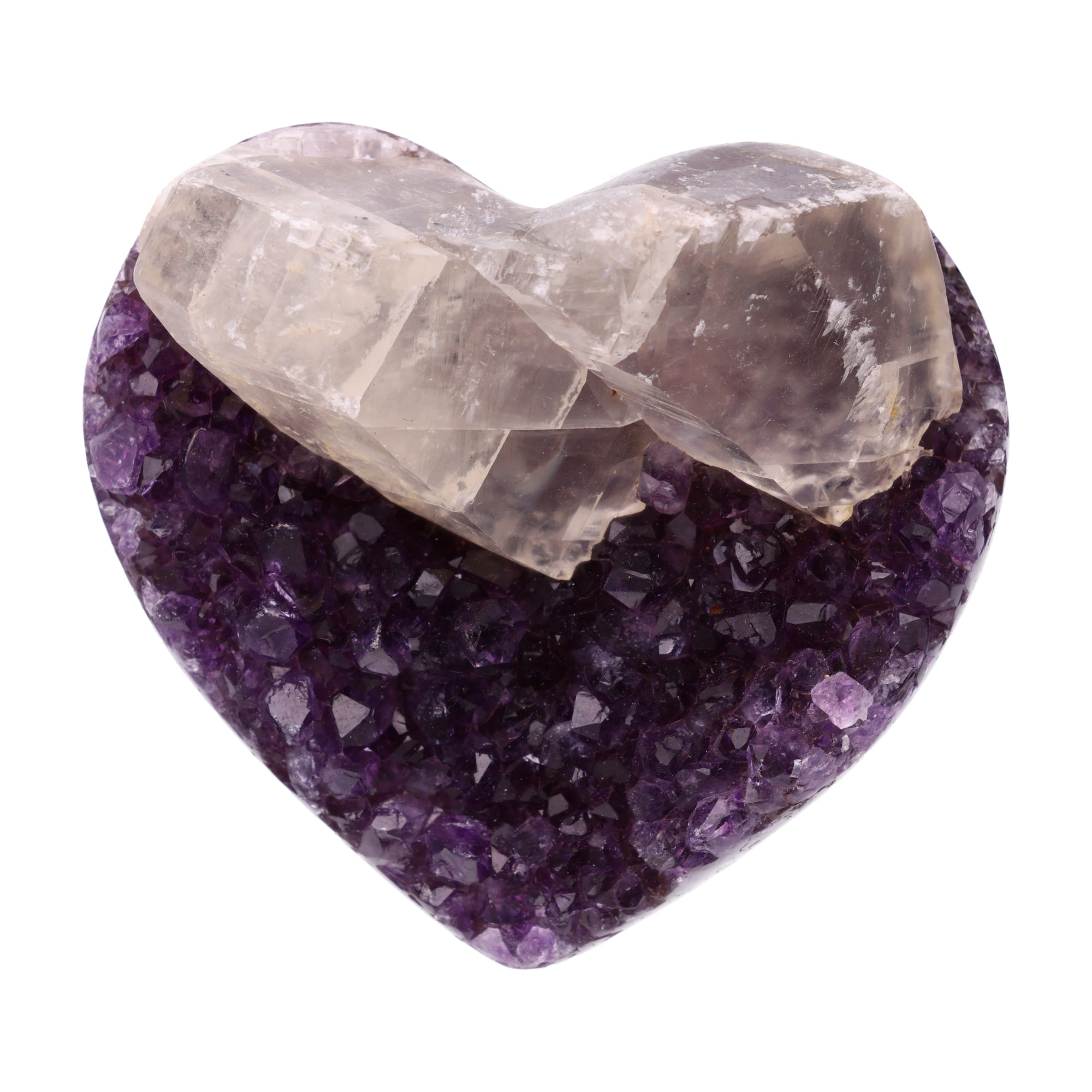 Poliertes Amethyst - Herz aus Uruguay mit natürlicher Kristalldruse und weißen Calcitkristallen im inneren.