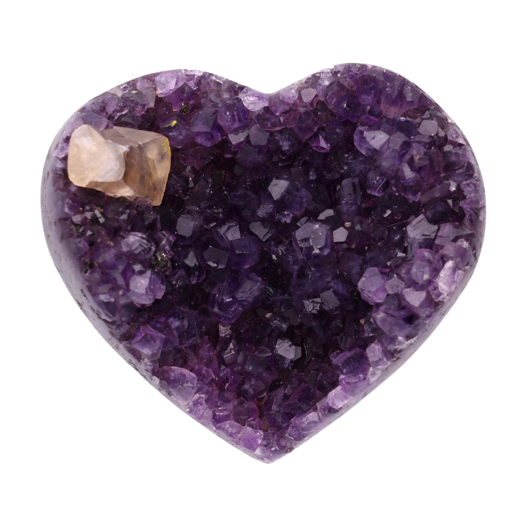 Poliertes Amethyst - Herz aus Uruguay mit natürlicher Kristalldruse und weißen Calcitkristallen im inneren.