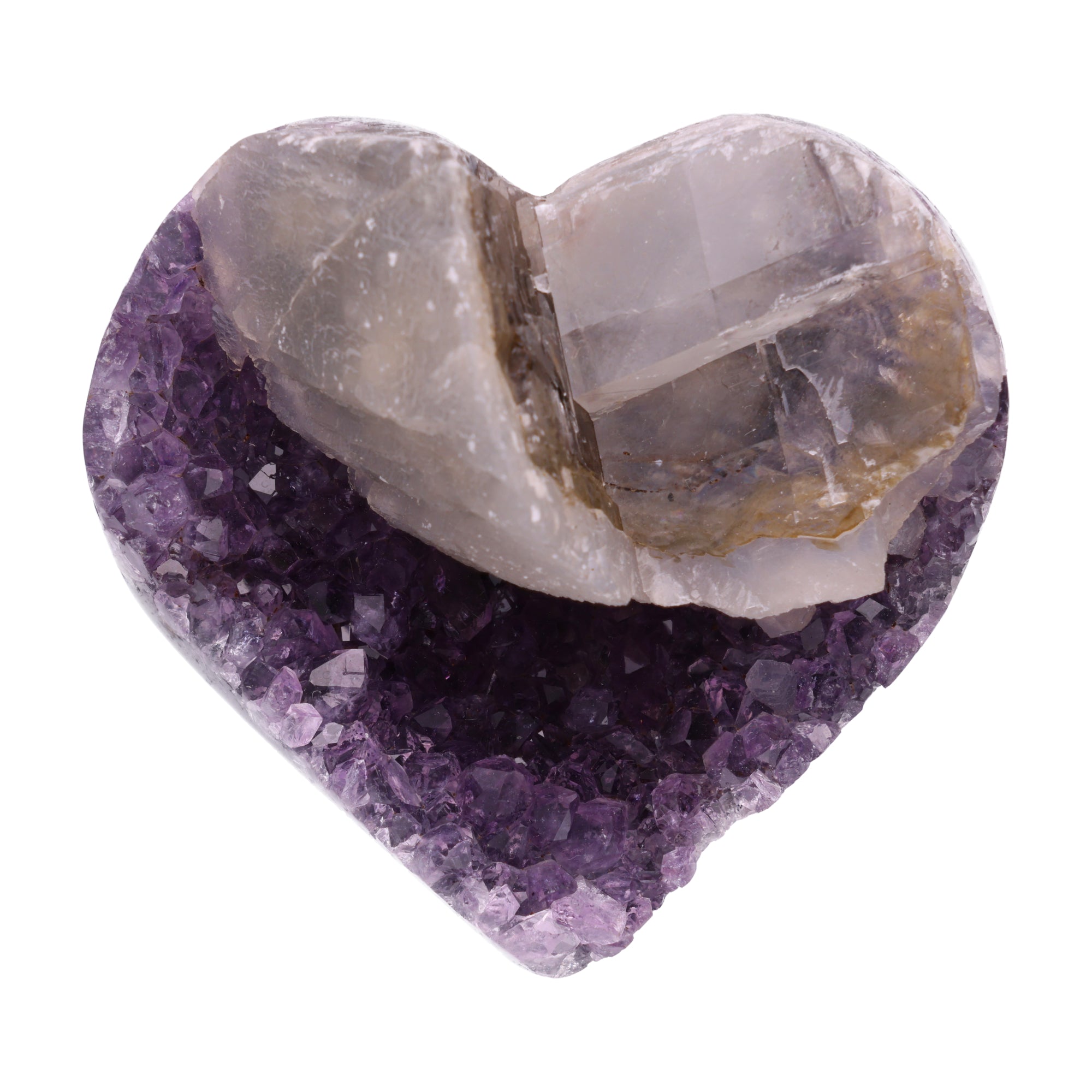 Poliertes Amethyst - Herz aus Uruguay mit natürlicher Kristalldruse und weißen Calcitkristallen im inneren.