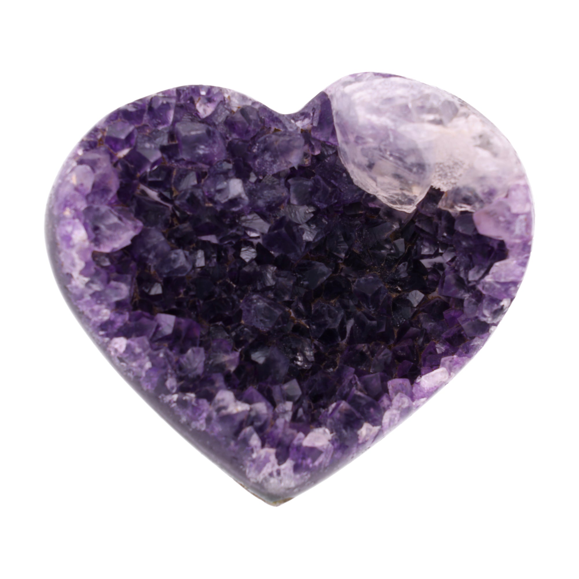 Poliertes Amethyst - Herz aus Uruguay mit natürlicher Kristalldruse und weißen Calcitkristallen im inneren.