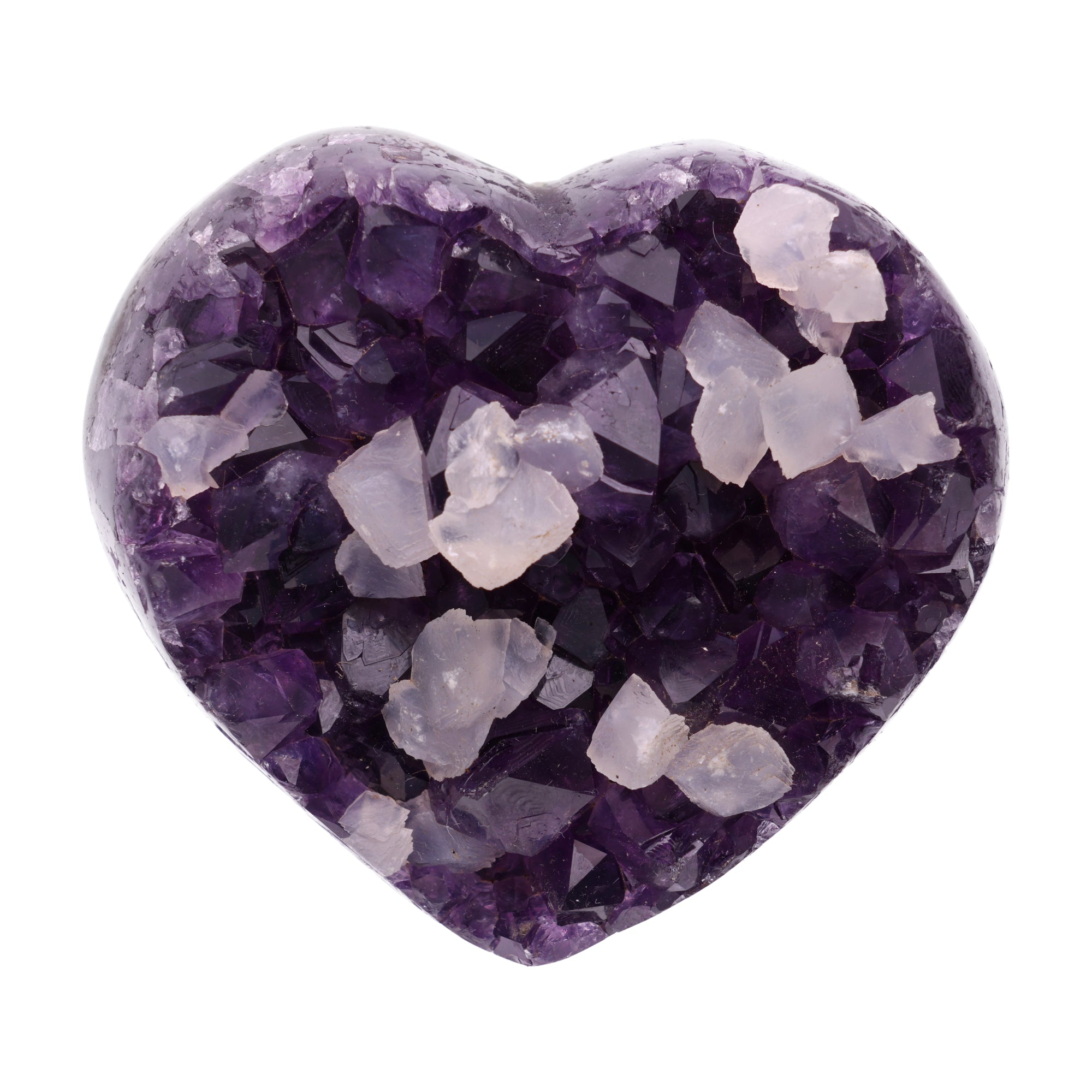 Poliertes Amethyst - Herz aus Uruguay mit natürlicher Kristalldruse und weißen Calcitkristallen im inneren.