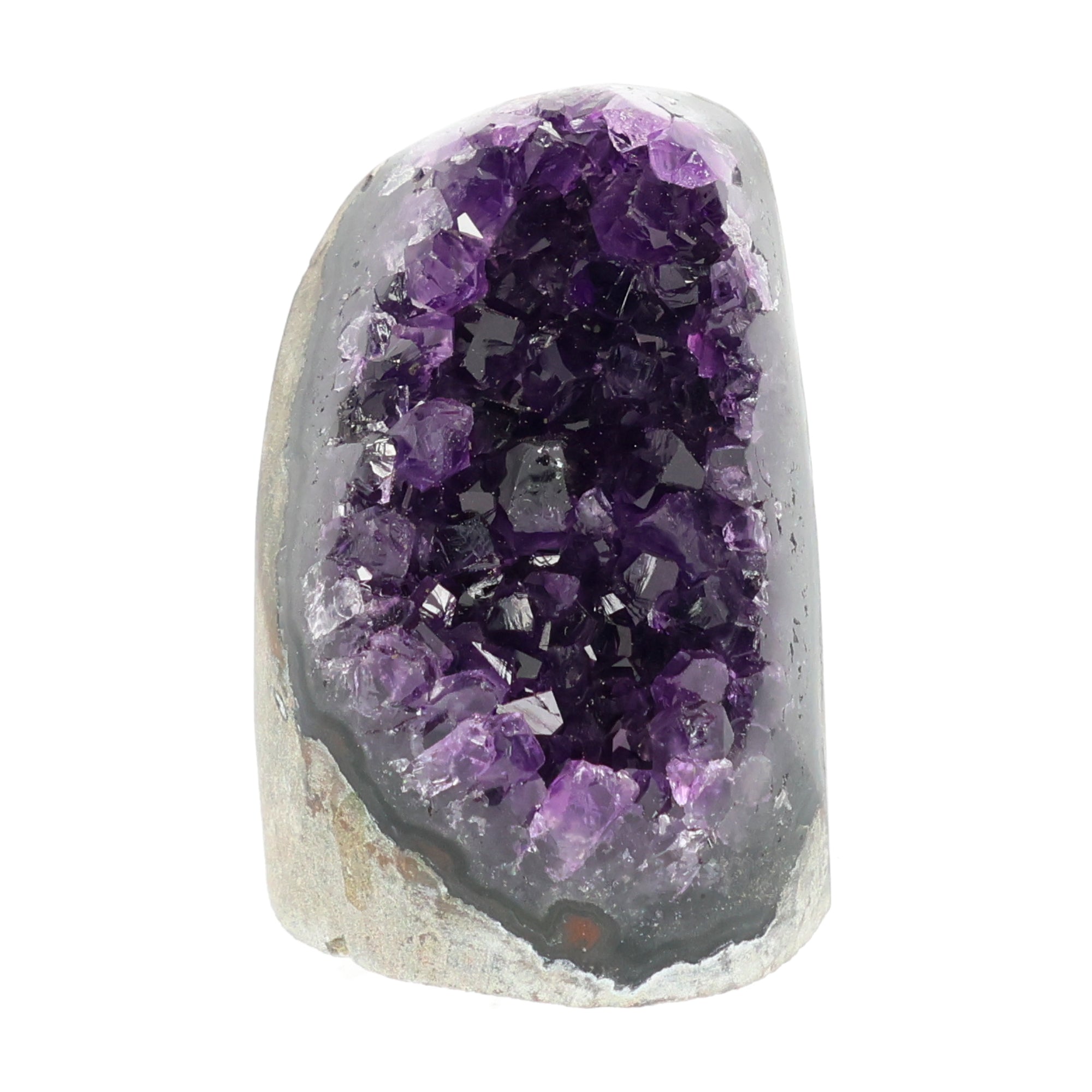 Mehrere hochwertige Amethyst Mini Cut Bases aus Uruguay mit dicht gewachsenen, tiefvioletten Kristallen auf einer Präsentationsfläche.