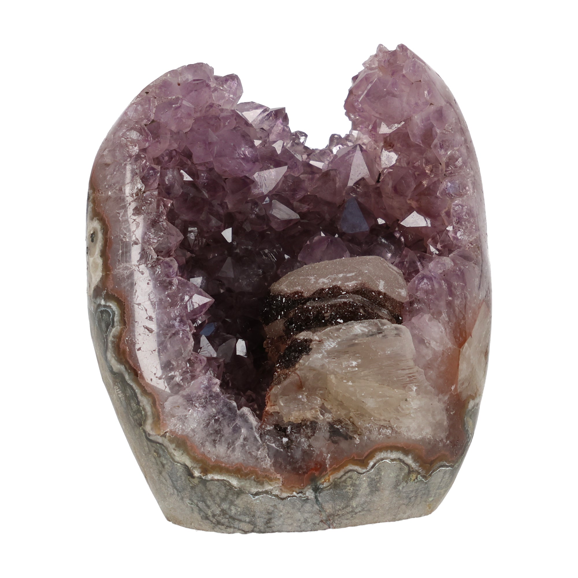 Amethyst mit Calcit aus Uruguay, Amethystkristalle mit hellen Calcitformationen, natürlich gewachsenes Mineralunikat.