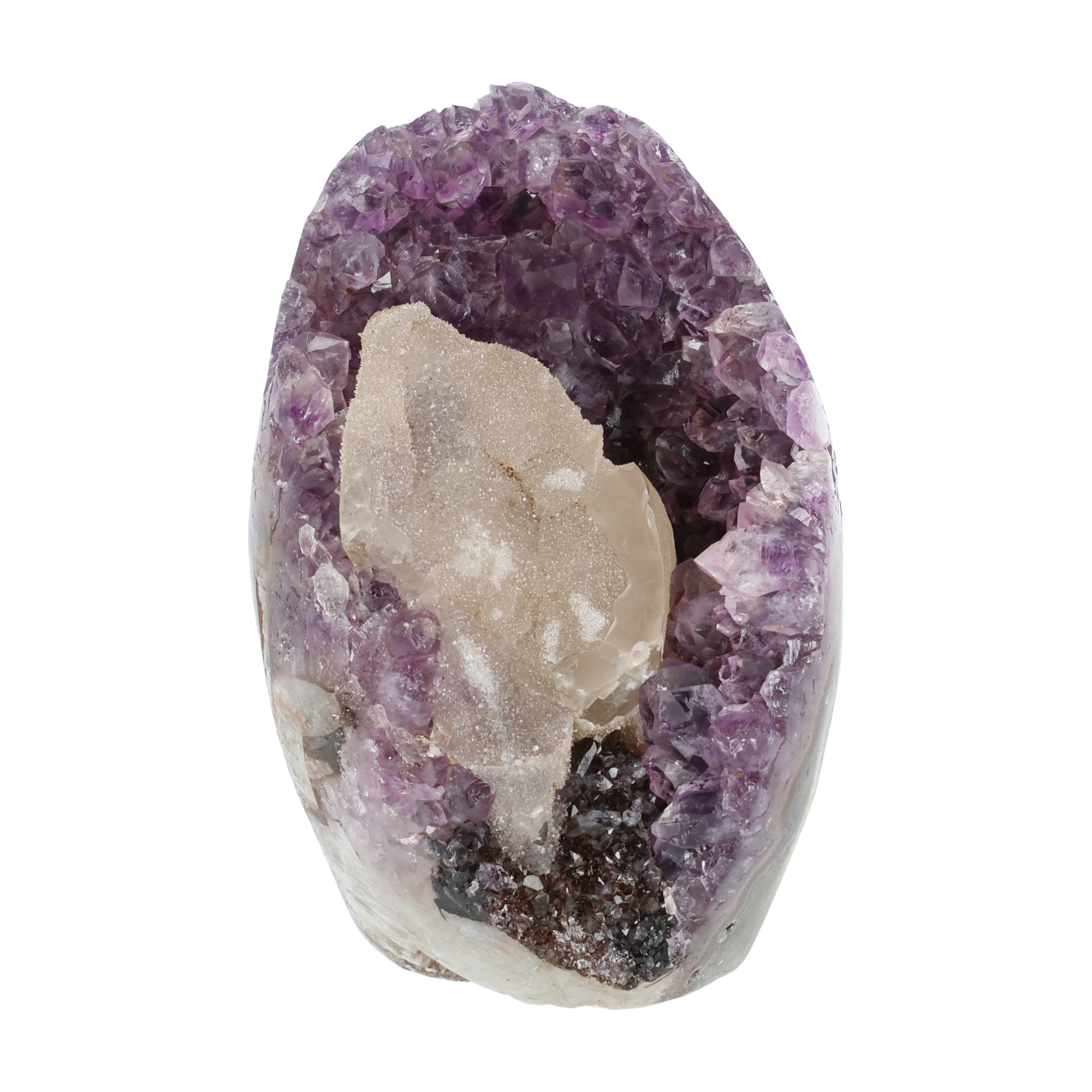 Amethyst mit Calcit aus Uruguay, Amethystkristalle mit hellen Calcitformationen, natürlich gewachsenes Mineralunikat.