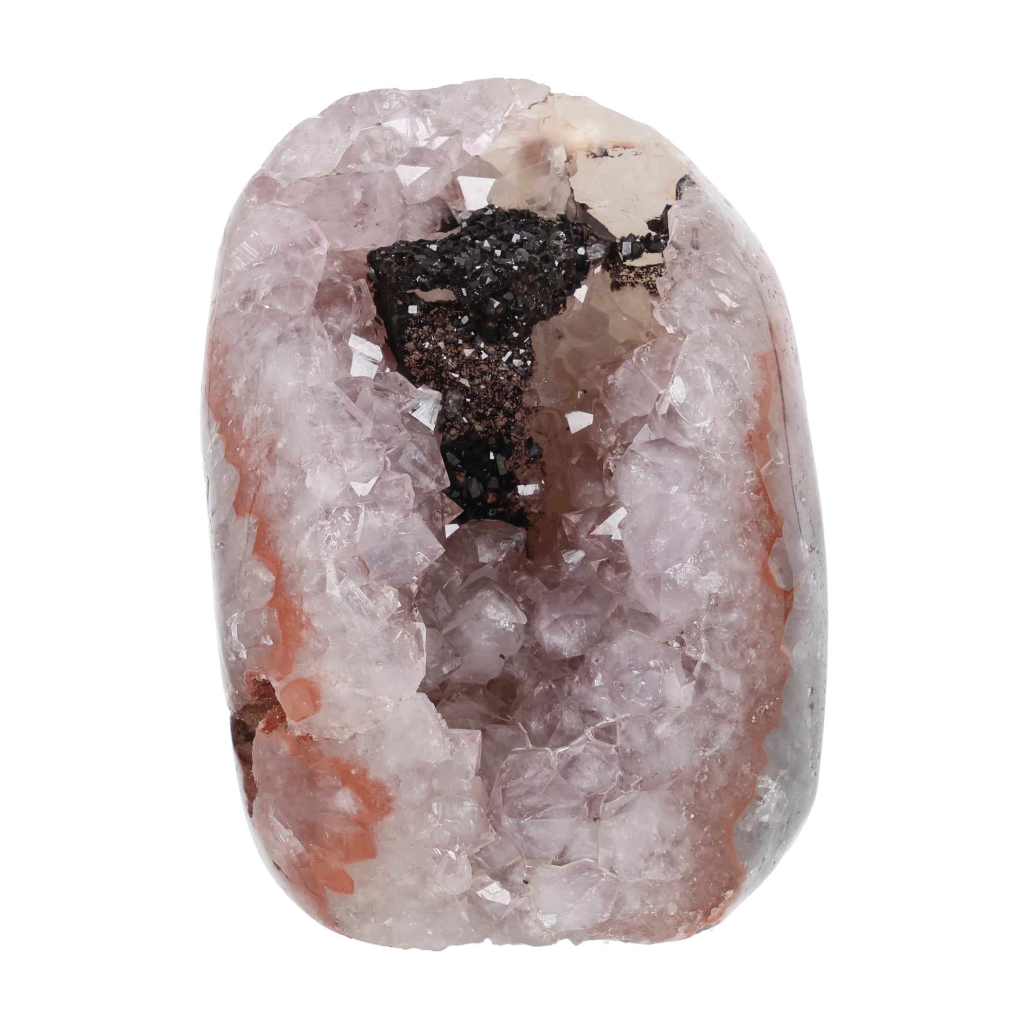 Amethyst mit Calcit aus Uruguay, Amethystkristalle mit hellen Calcitformationen, natürlich gewachsenes Mineralunikat.