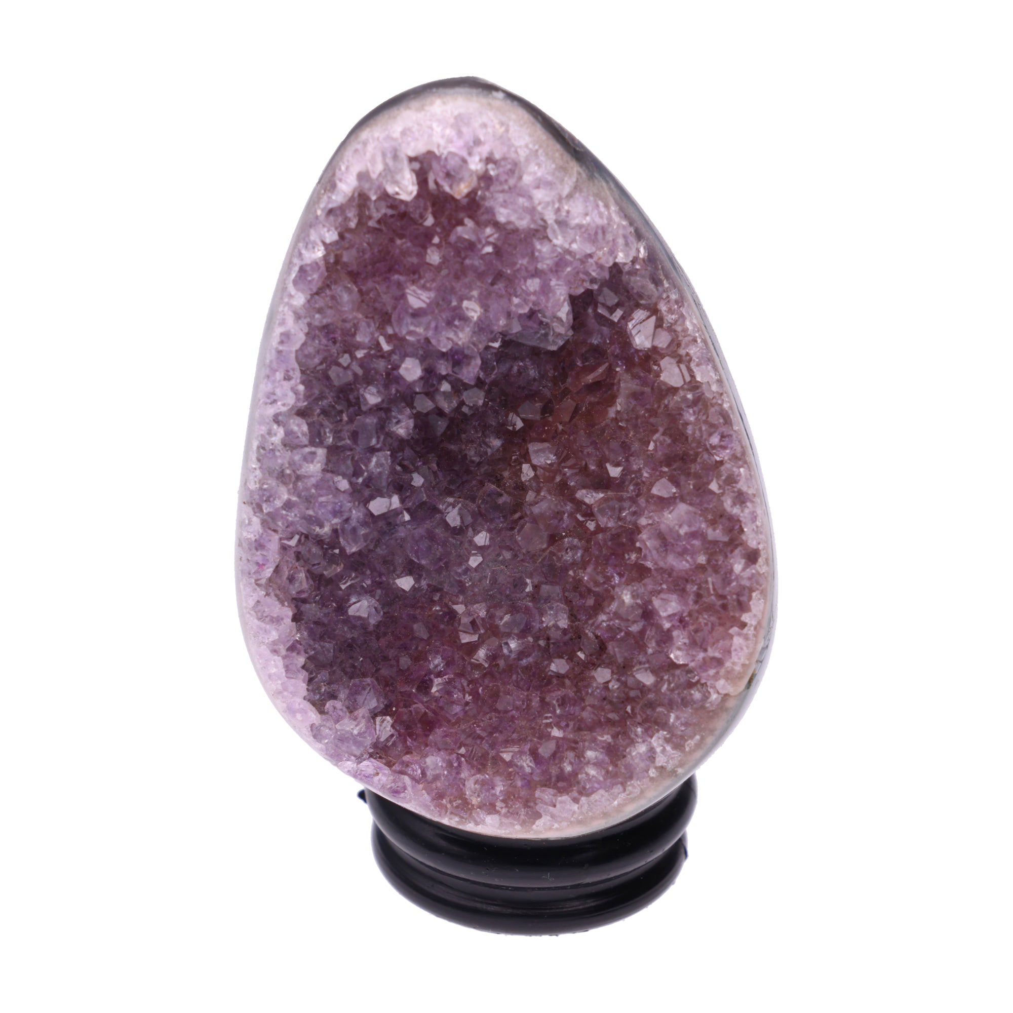 Kleines Amethyst Rainbow Ei mit natürlicher Druzy- Kristalloberfläche und Farbspiel aus Violett, Purpur und warmen Naturtönen.