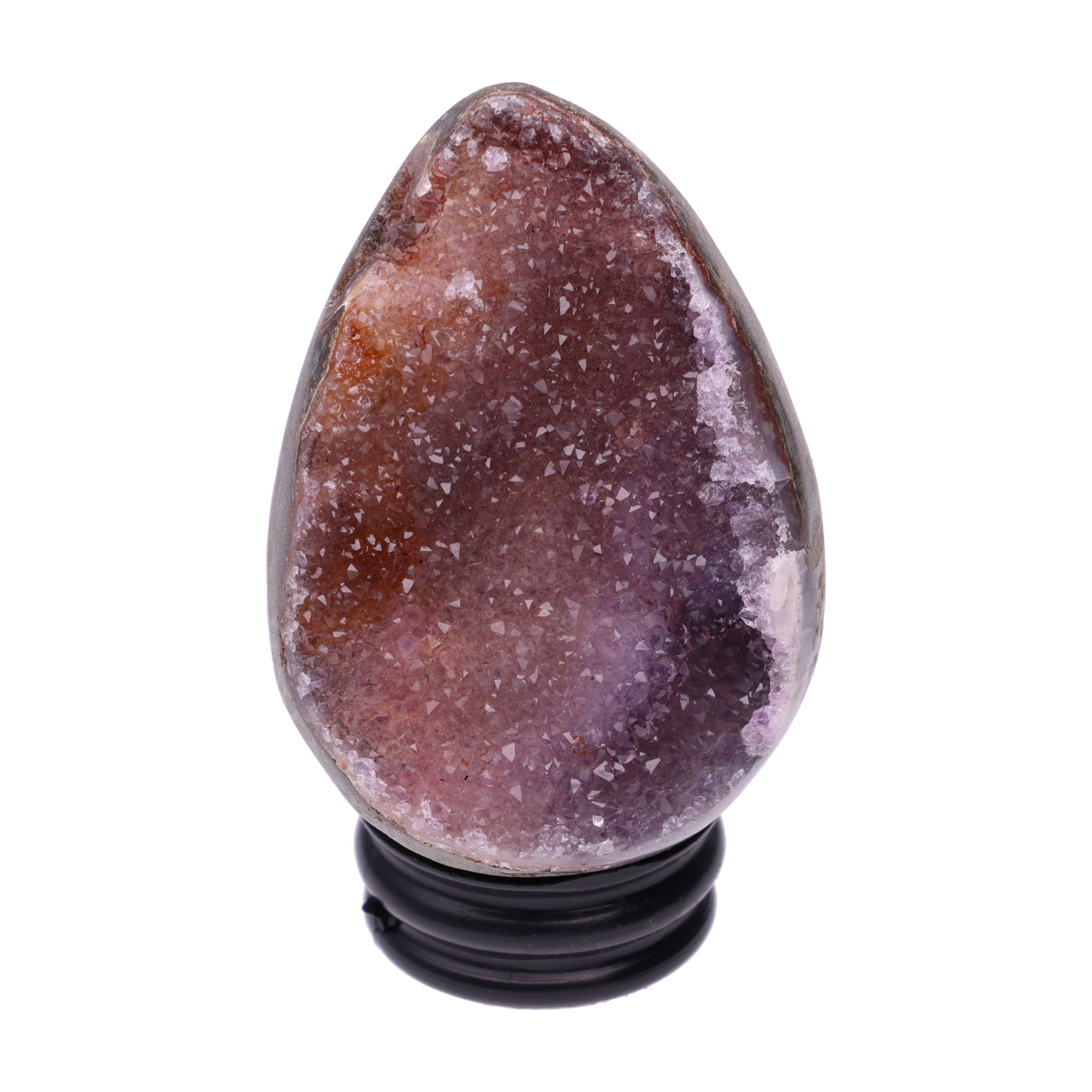 Kleines Amethyst Rainbow Ei mit natürlicher Druzy- Kristalloberfläche und Farbspiel aus Violett, Purpur und warmen Naturtönen.
