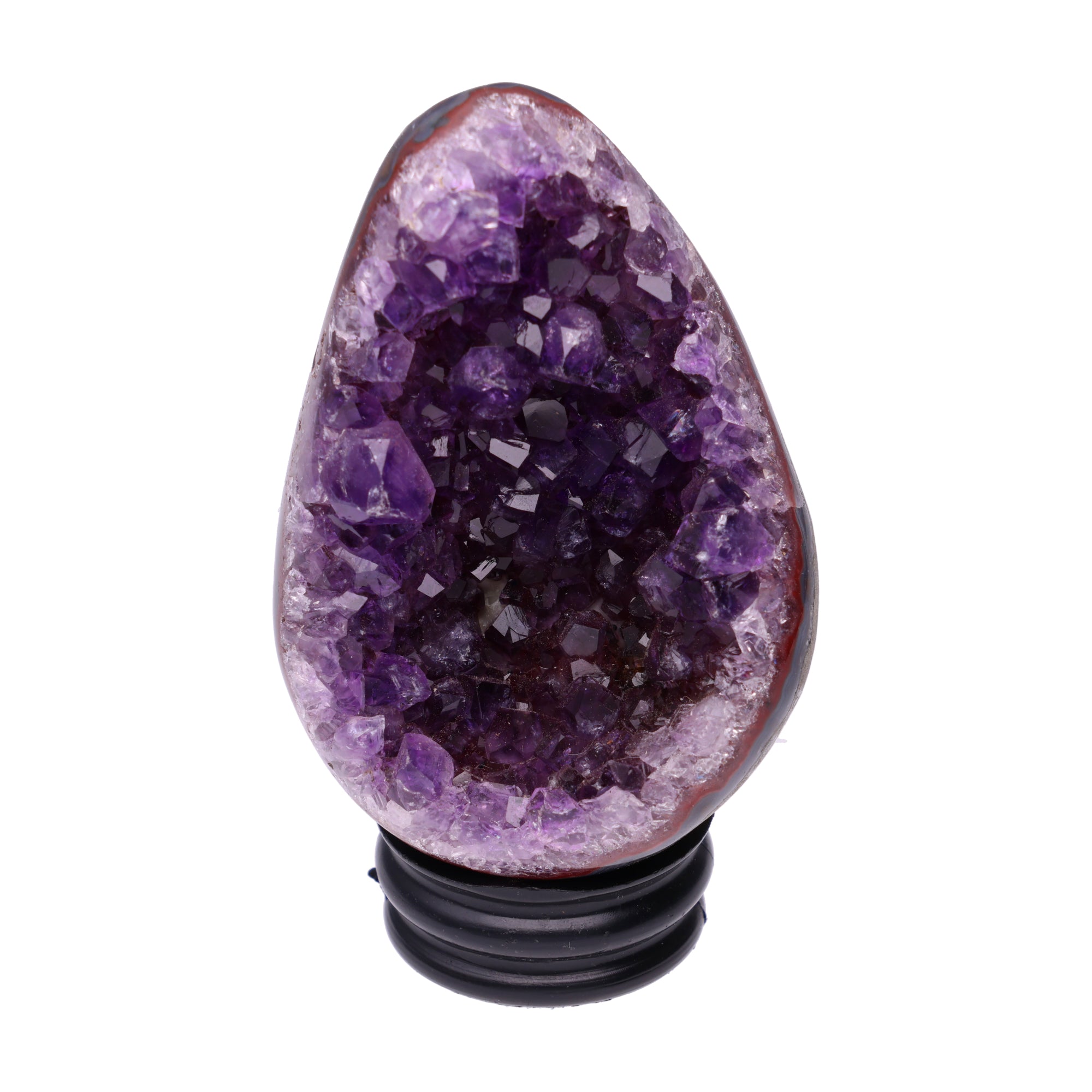 Kleines Amethyst Rainbow Ei mit natürlicher Druzy- Kristalloberfläche und Farbspiel aus Violett, Purpur und warmen Naturtönen.