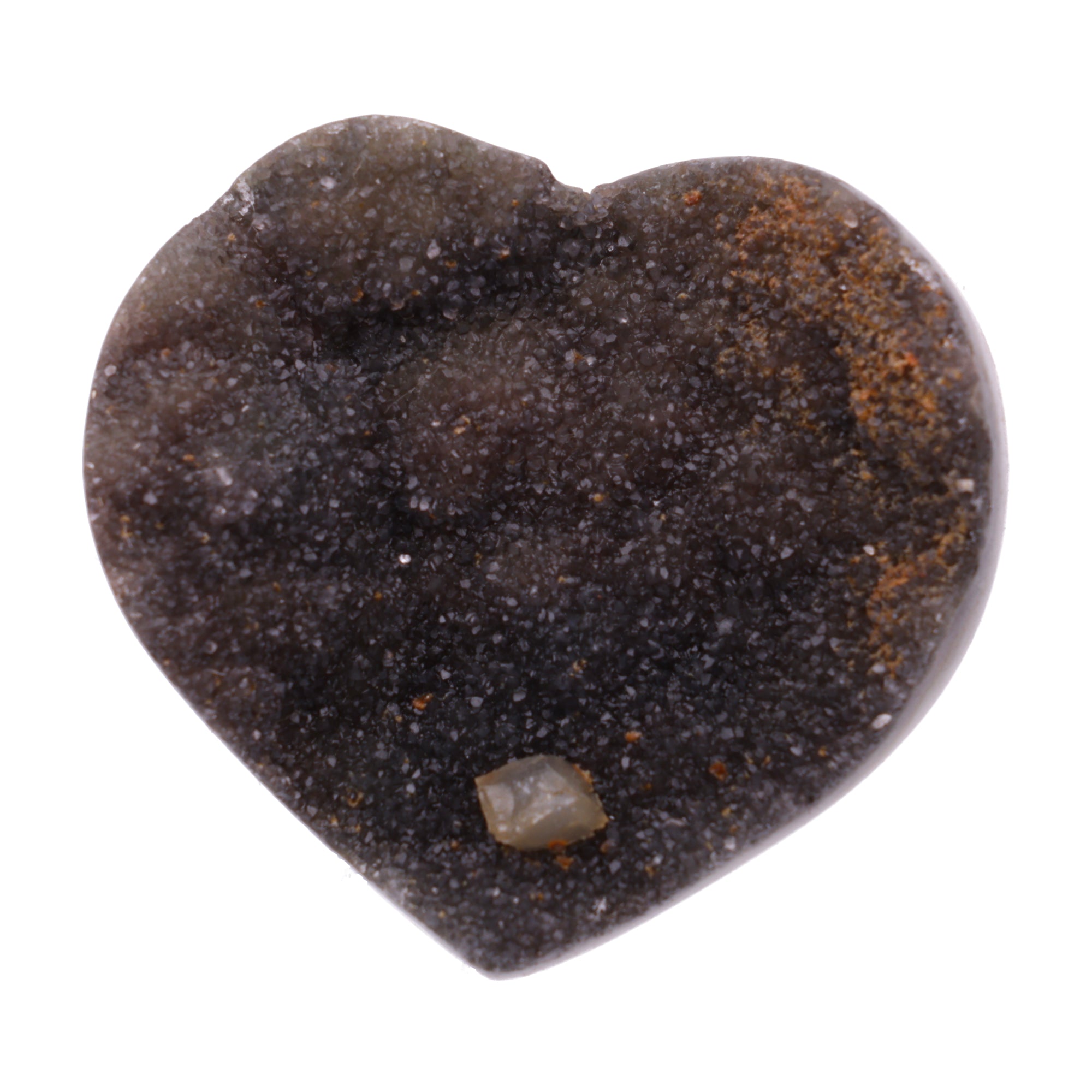 Kleines Amethyst Rainbow Herz mit natürlicher Druzy-Kristalloberfläche und Farbspiel aus Violett, Purpur und warmen Naturtönen.