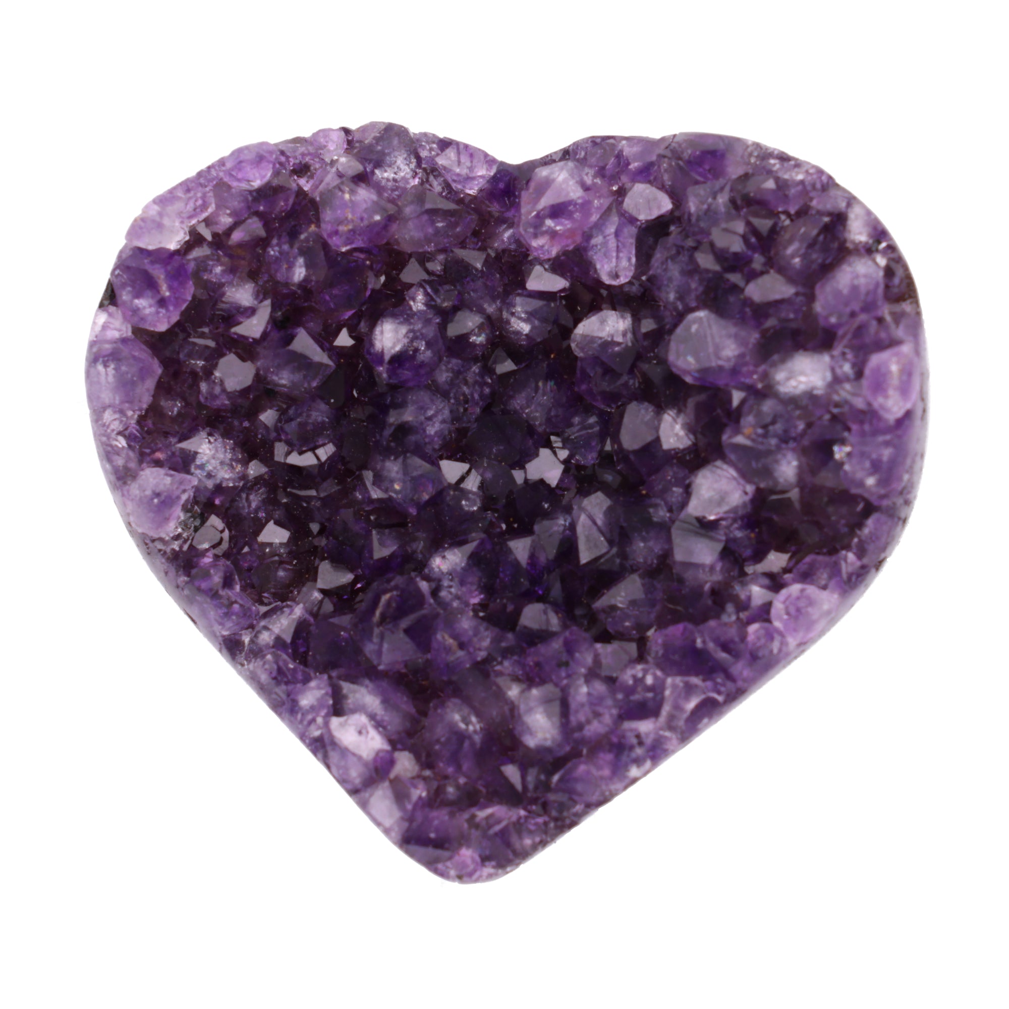 Kleines Amethyst Rainbow Herz mit natürlicher Druzy-Kristalloberfläche und Farbspiel aus Violett, Purpur und warmen Naturtönen.