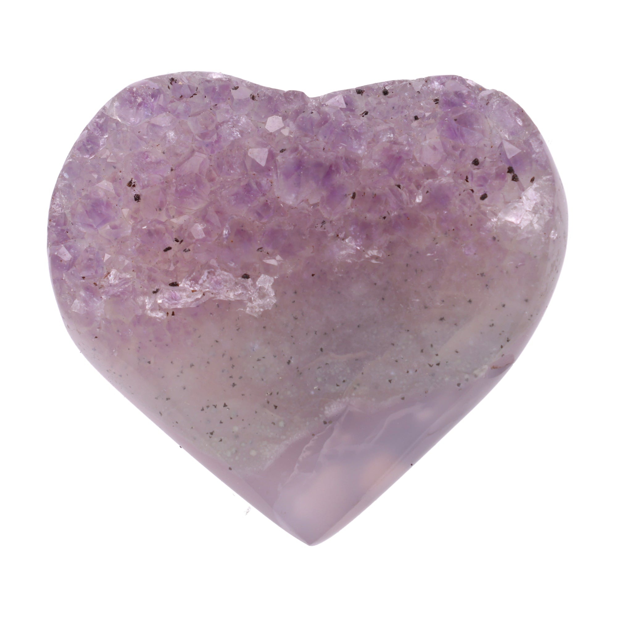 Kleines Amethyst Rainbow Herz mit natürlicher Druzy-Kristalloberfläche und Farbspiel aus Violett, Purpur und warmen Naturtönen.