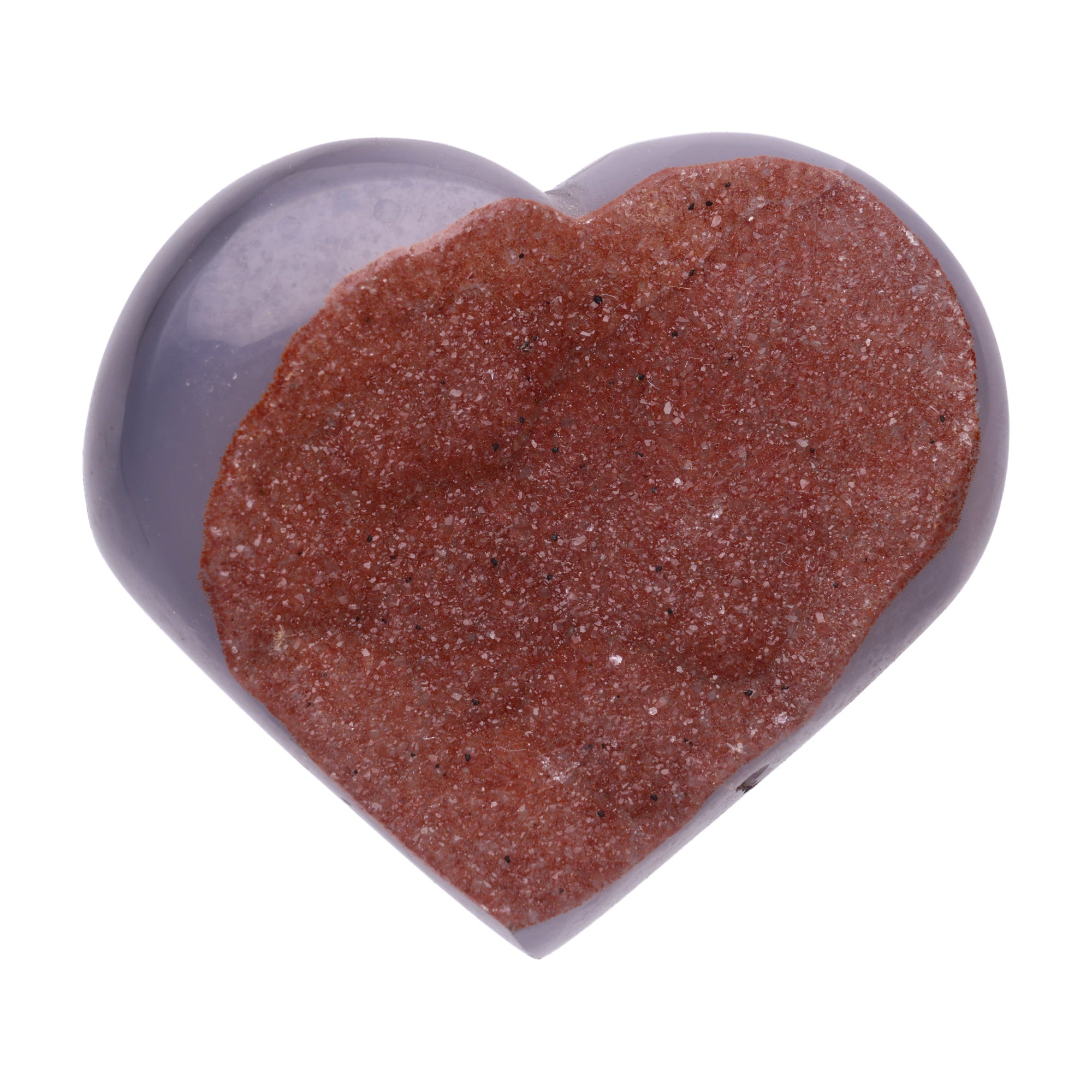 Kleines Amethyst Rainbow Herz mit natürlicher Druzy-Kristalloberfläche und Farbspiel aus Violett, Purpur und warmen Naturtönen.