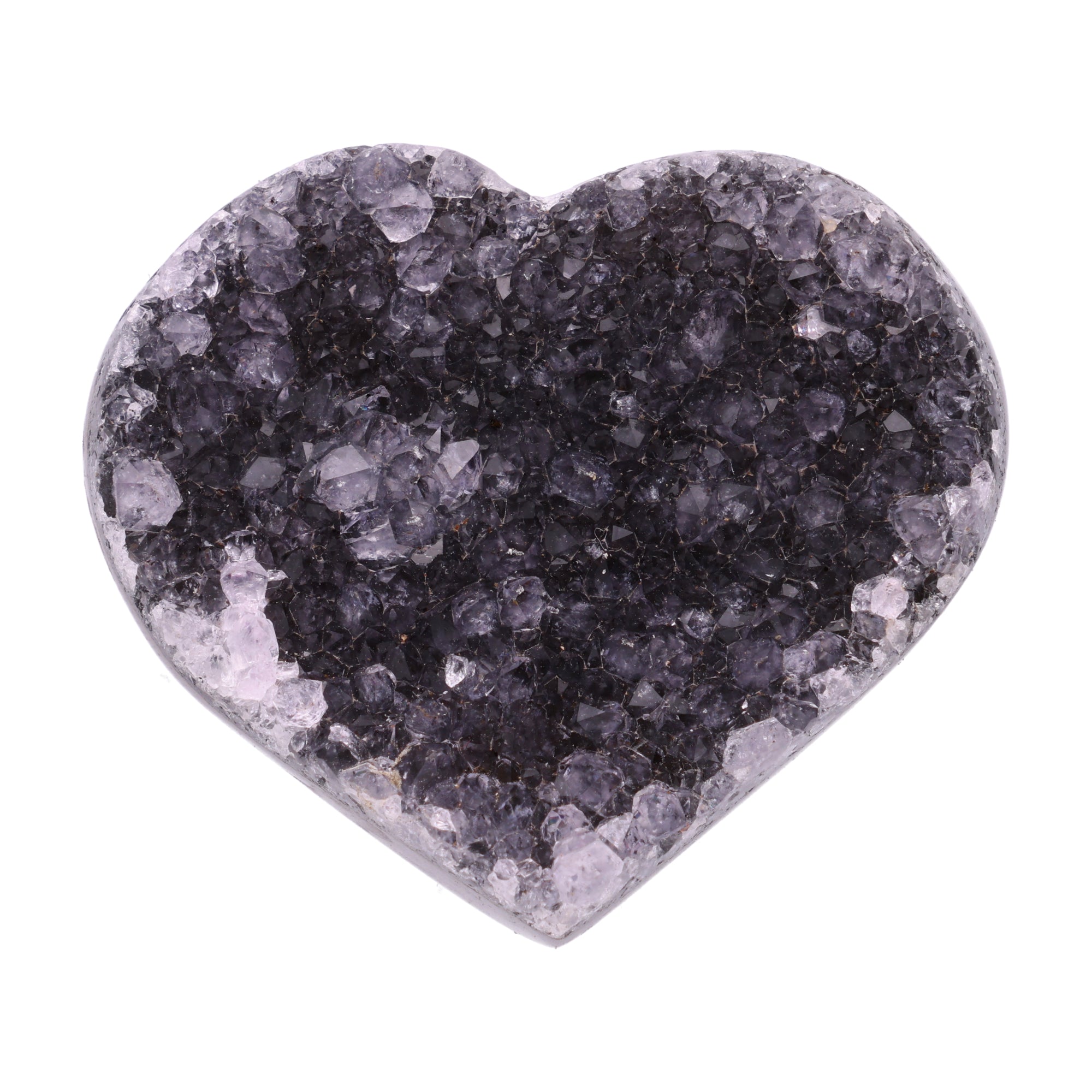 Kleines Amethyst Rainbow Herz mit natürlicher Druzy-Kristalloberfläche und Farbspiel aus Violett, Purpur und warmen Naturtönen.