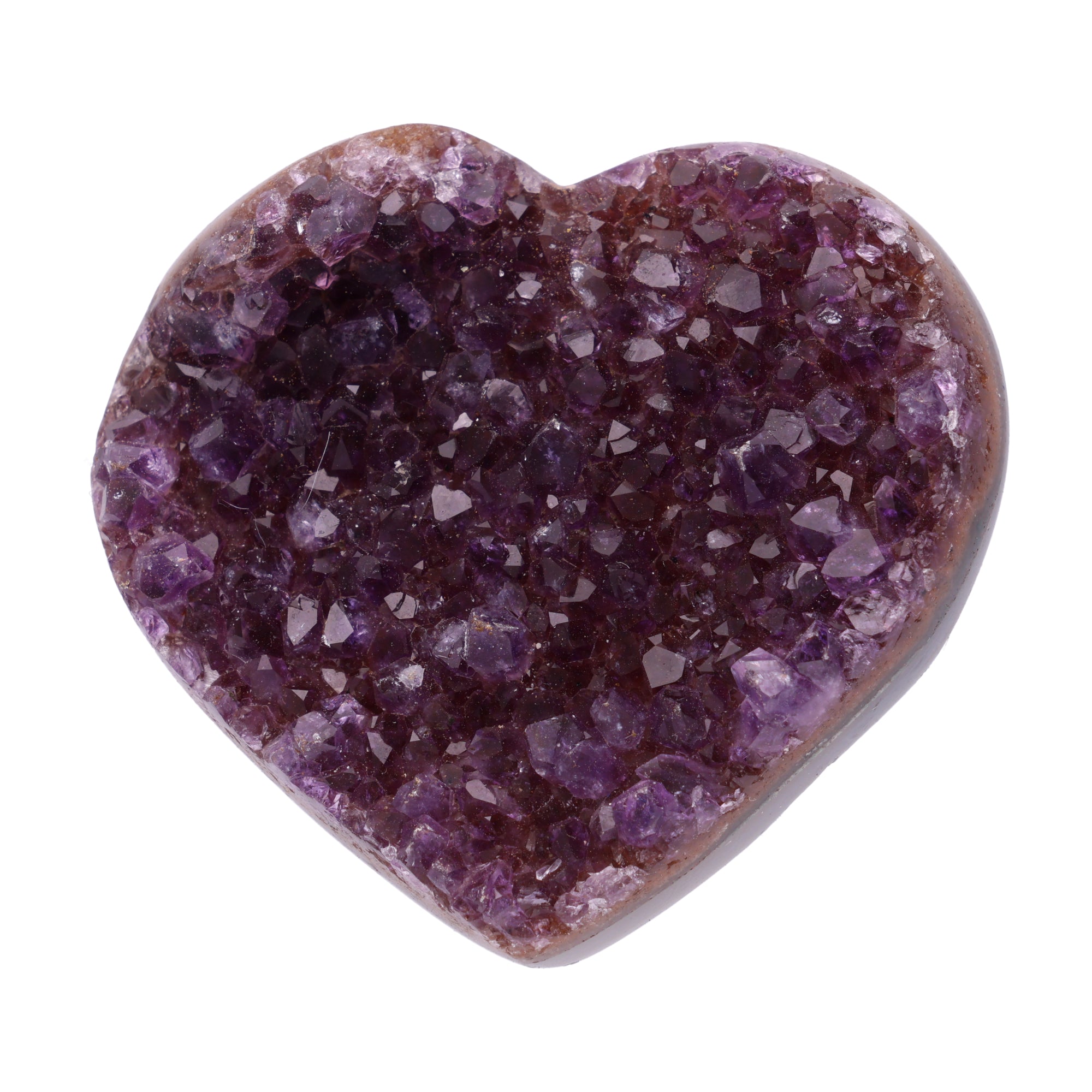 Kleines Amethyst Rainbow Herz mit natürlicher Druzy-Kristalloberfläche und Farbspiel aus Violett, Purpur und warmen Naturtönen.