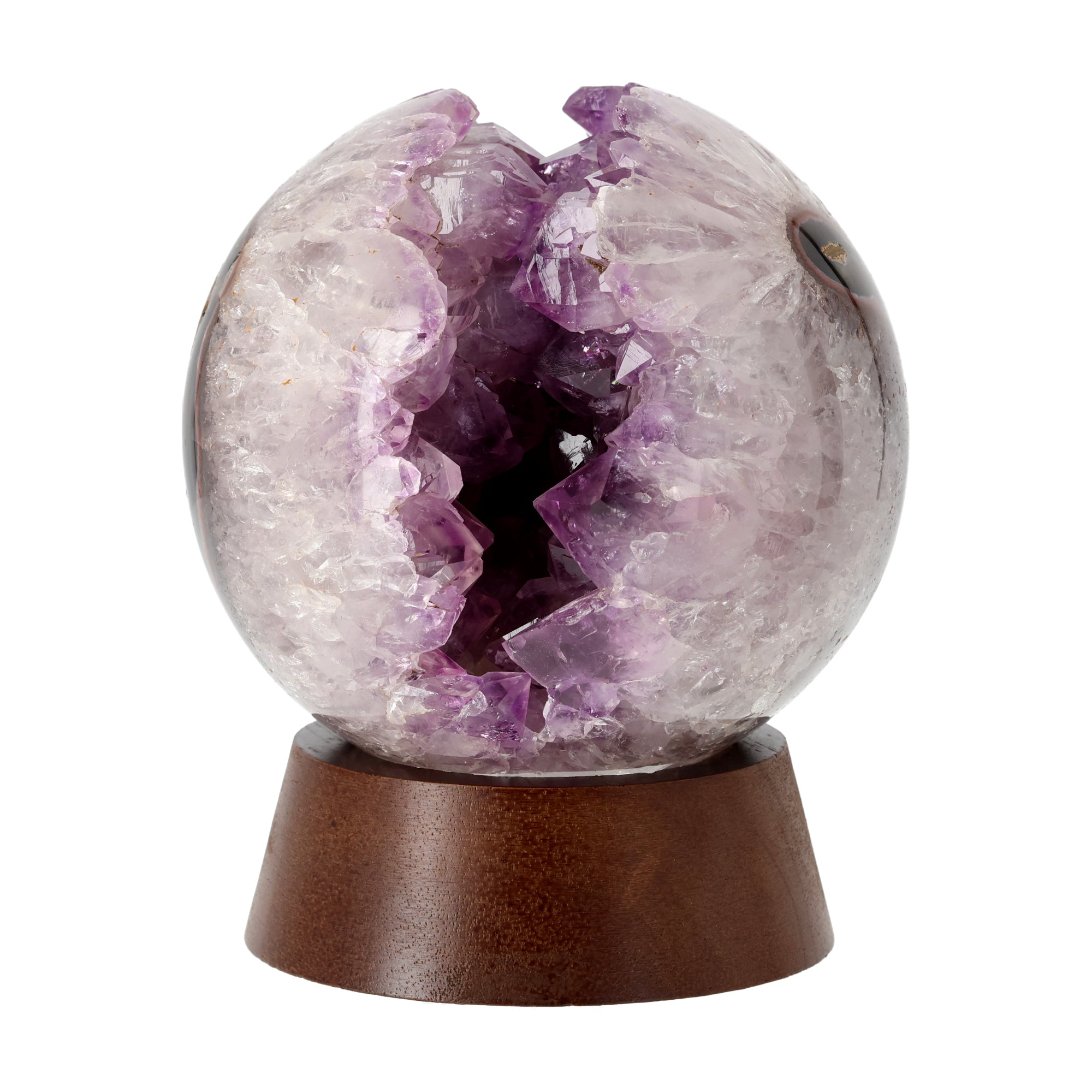 Amethyst Portal Kugel mit offenem Kristallzentrum und natürlicher Drusenstruktur auf Holzsockel aus Brasilien 3,21 kg