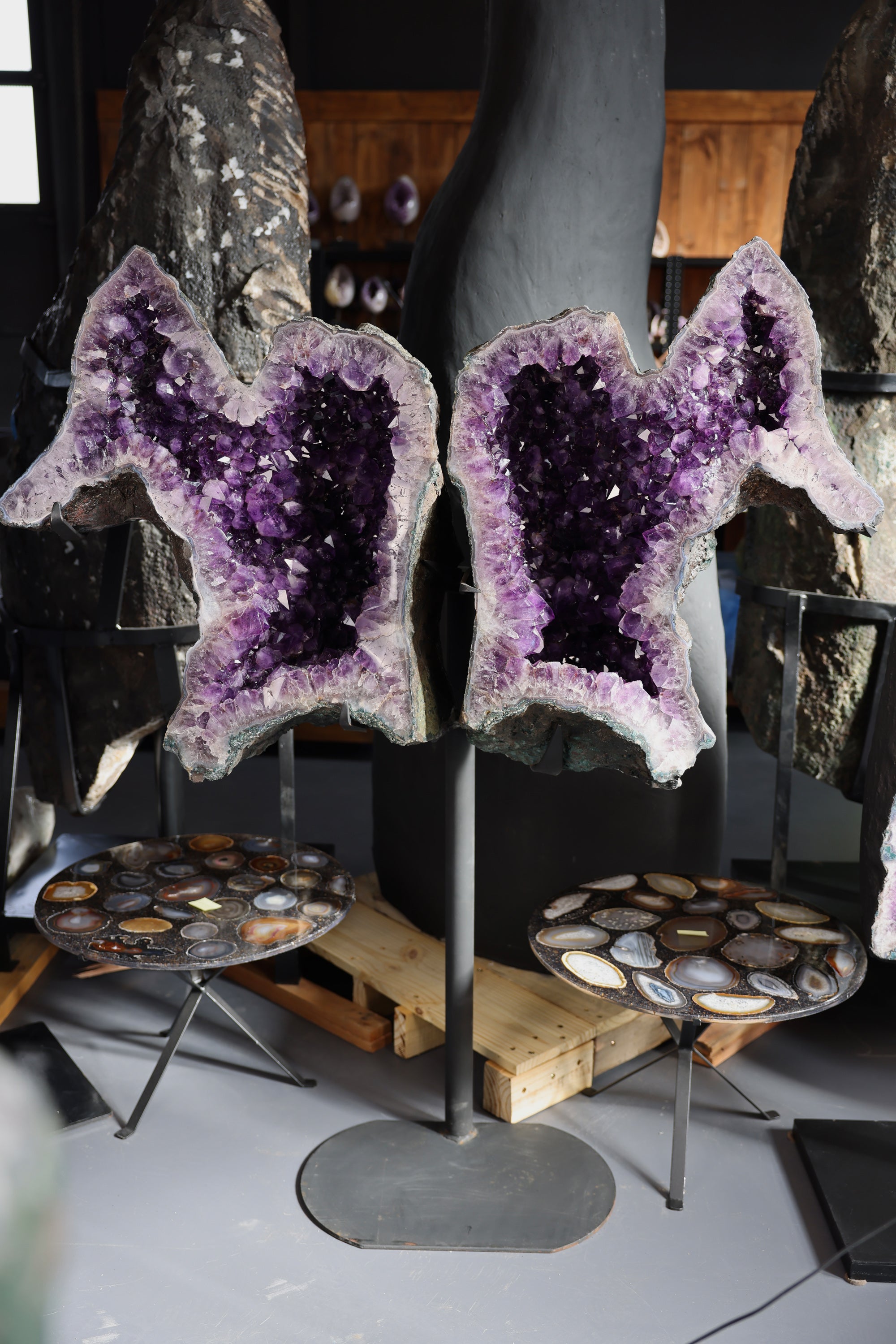 171 kg schwerer Amethyst Butterfly aus Brasilien mit figurativer Doppelstruktur in Form zweier Pferdekörper auf Standfuß