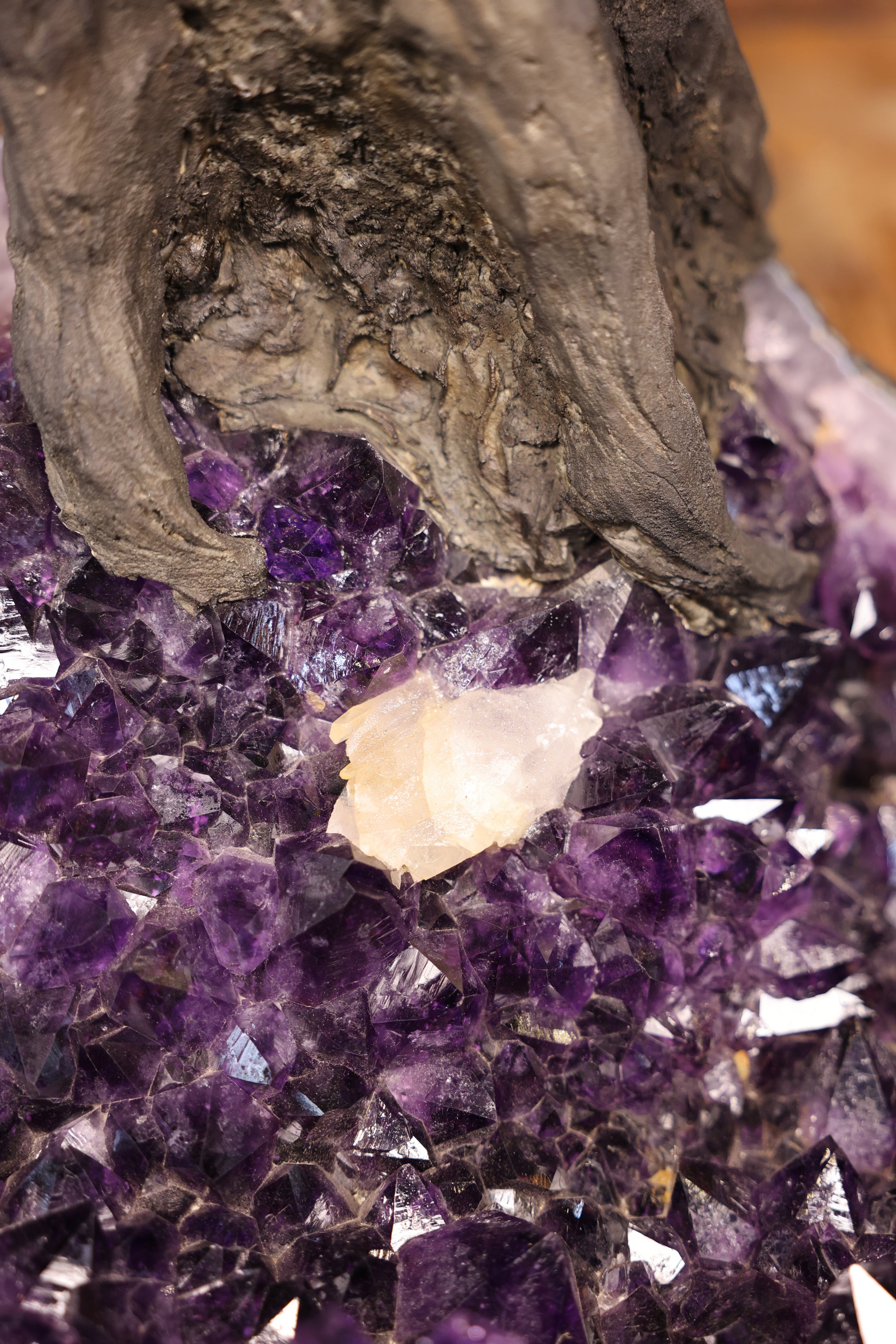 112 kg schwere Amethyst Baum-Skulptur mit Naturholzstamm und handgefertigter Drahtstruktur