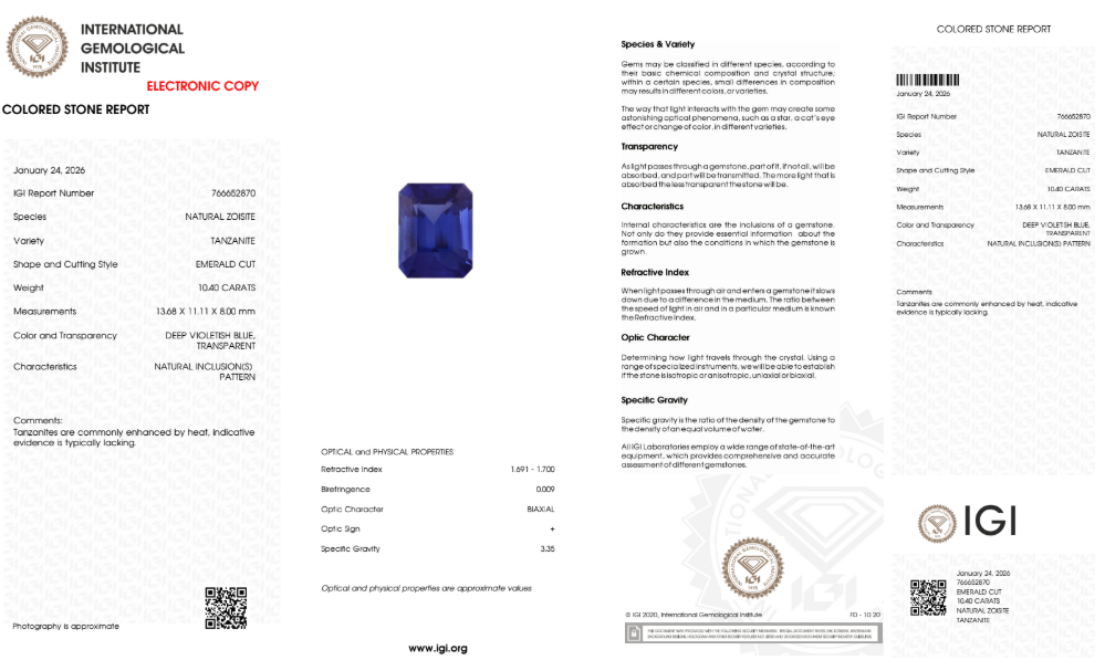 Tansanit "Velvet Ocean" 10,40 ct - Deep Violetish Blue - IGI Certified