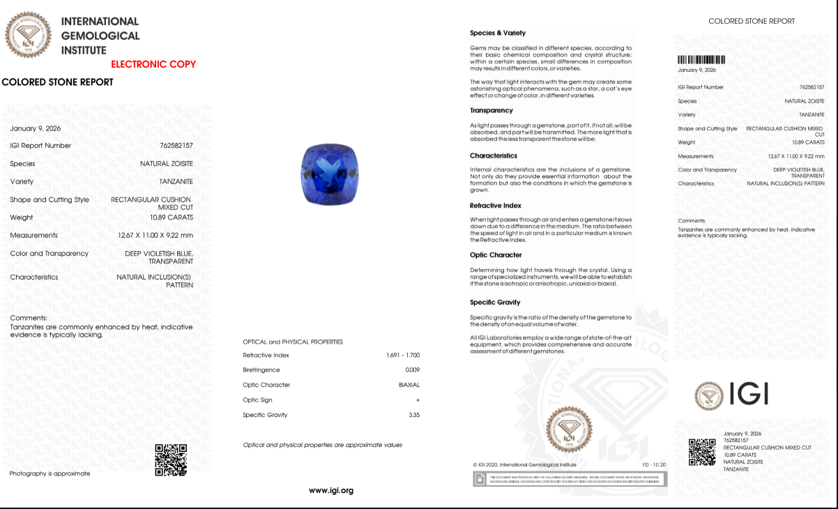 Tansanit "Electric Monarch" 10,89 ct - IGI Zetifikat - Deep Violetish Blue - IGI Certified