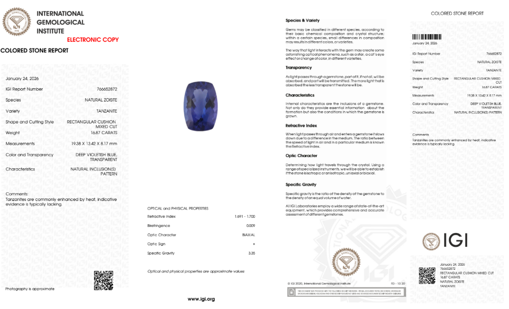 Tanzanite "Indigo Crest" 16.87 ct - Deep Violetish Blue - IGI Certified