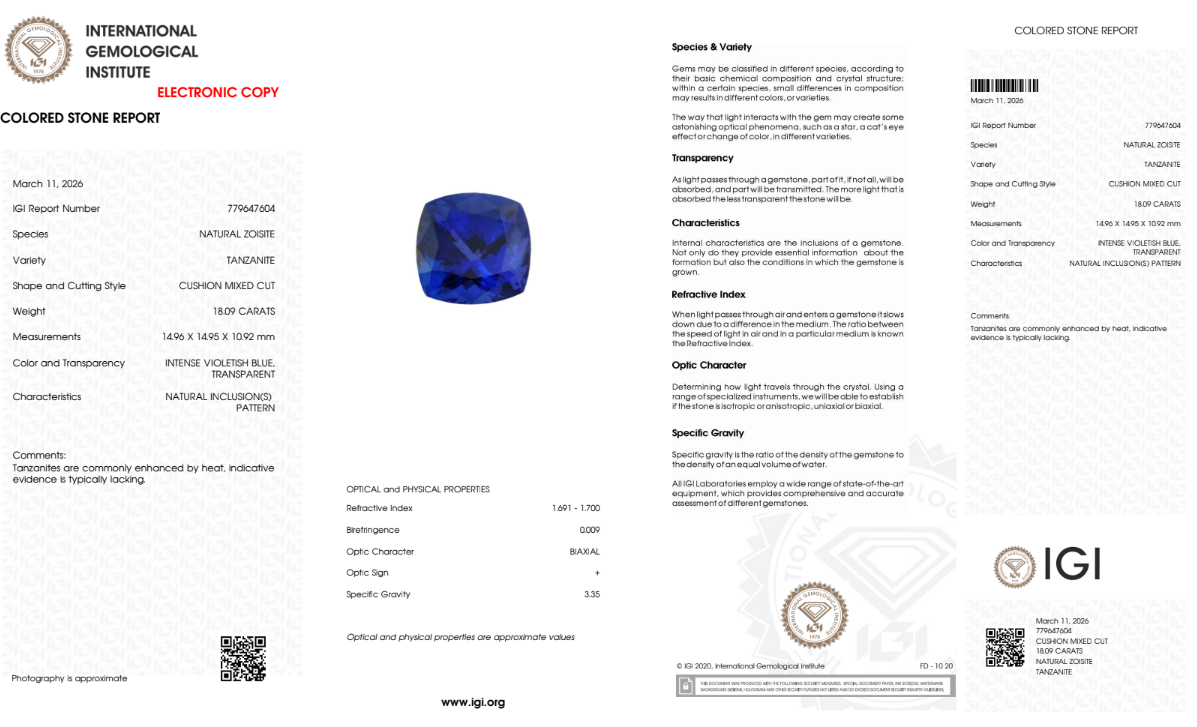 Tansanit "Midnight Aura" 18,09 ct - Intense Violetish Blue - IGI Certified