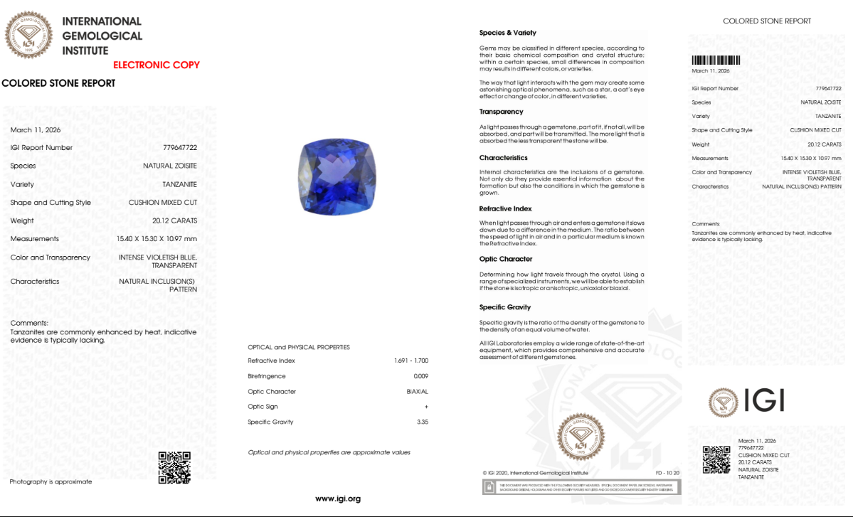 Tansanit "Noctis Blue" 20,12 ct - Intense Violetish Blue - IGI Certified