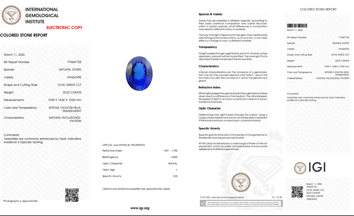 Tansanit "Velaris" 20,22 ct - Intense Violetish Blue - IGI Certified