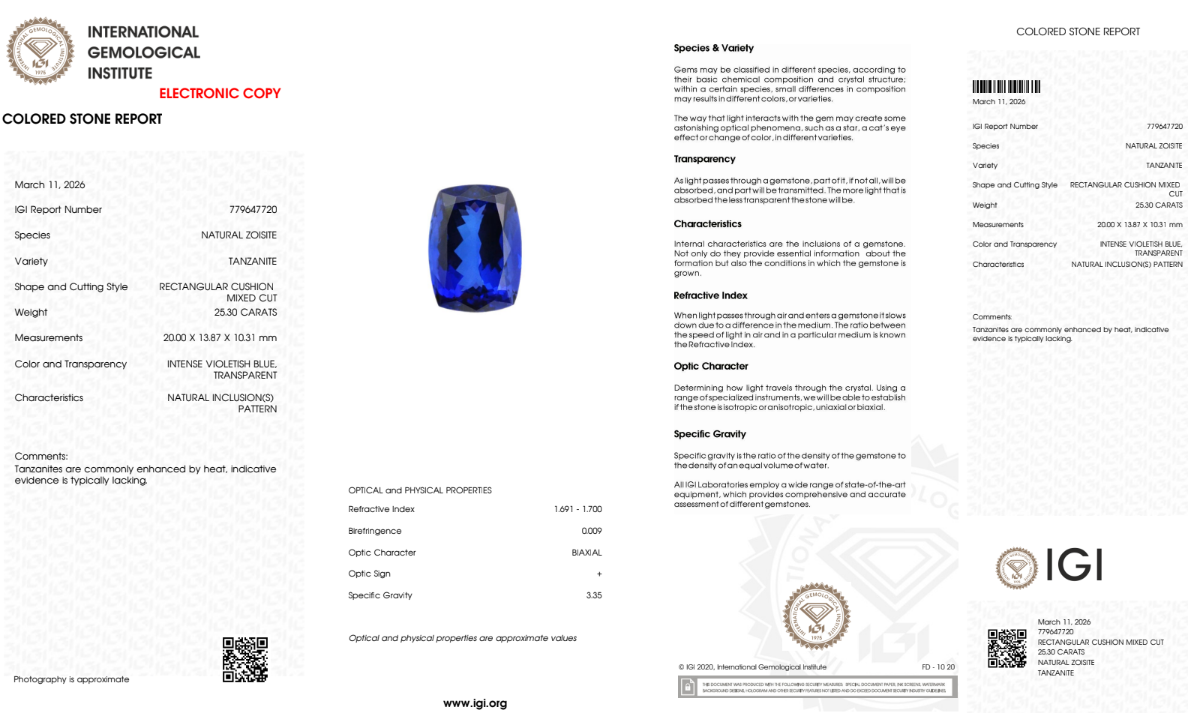 Tansanit "Blue Dominion" 25,30 ct - Intense Violetish Blue - IGI Certified