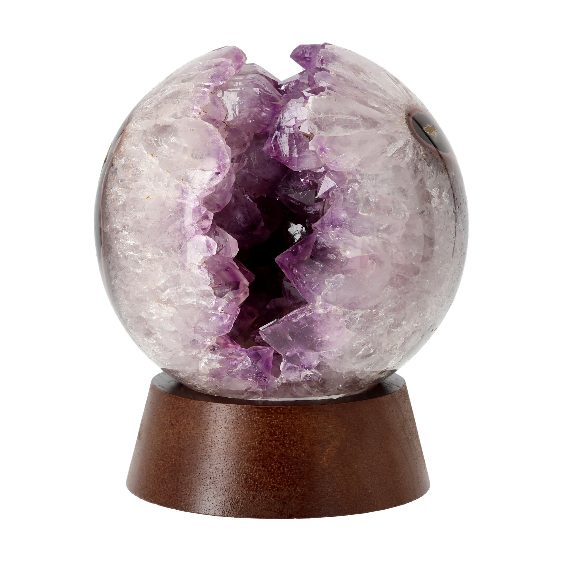 Amethyst Portal Kugel mit offenem Kristallzentrum und natürlicher Drusenstruktur auf Holzsockel aus Brasilien 3,21 kg