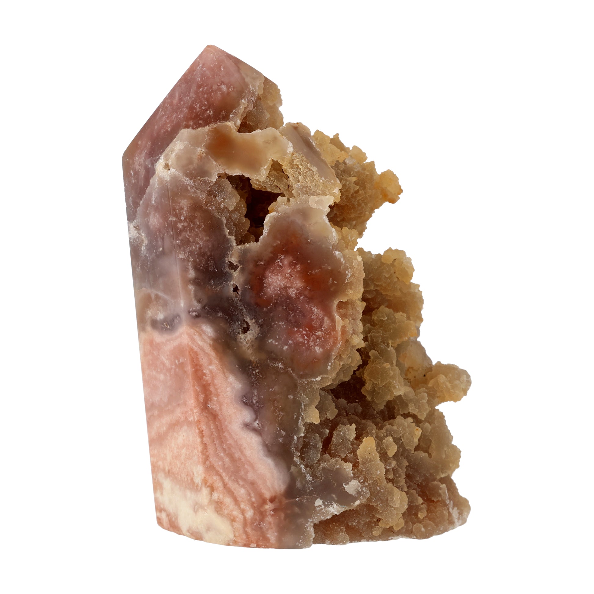 Pink Amethyst Spitze mit botryoidal Chalcedon und Calcit aus Brasilien, teilweise poliert, 2,1 kg schweres naturbelassenes Einzelstück mit Geodenstruktur
