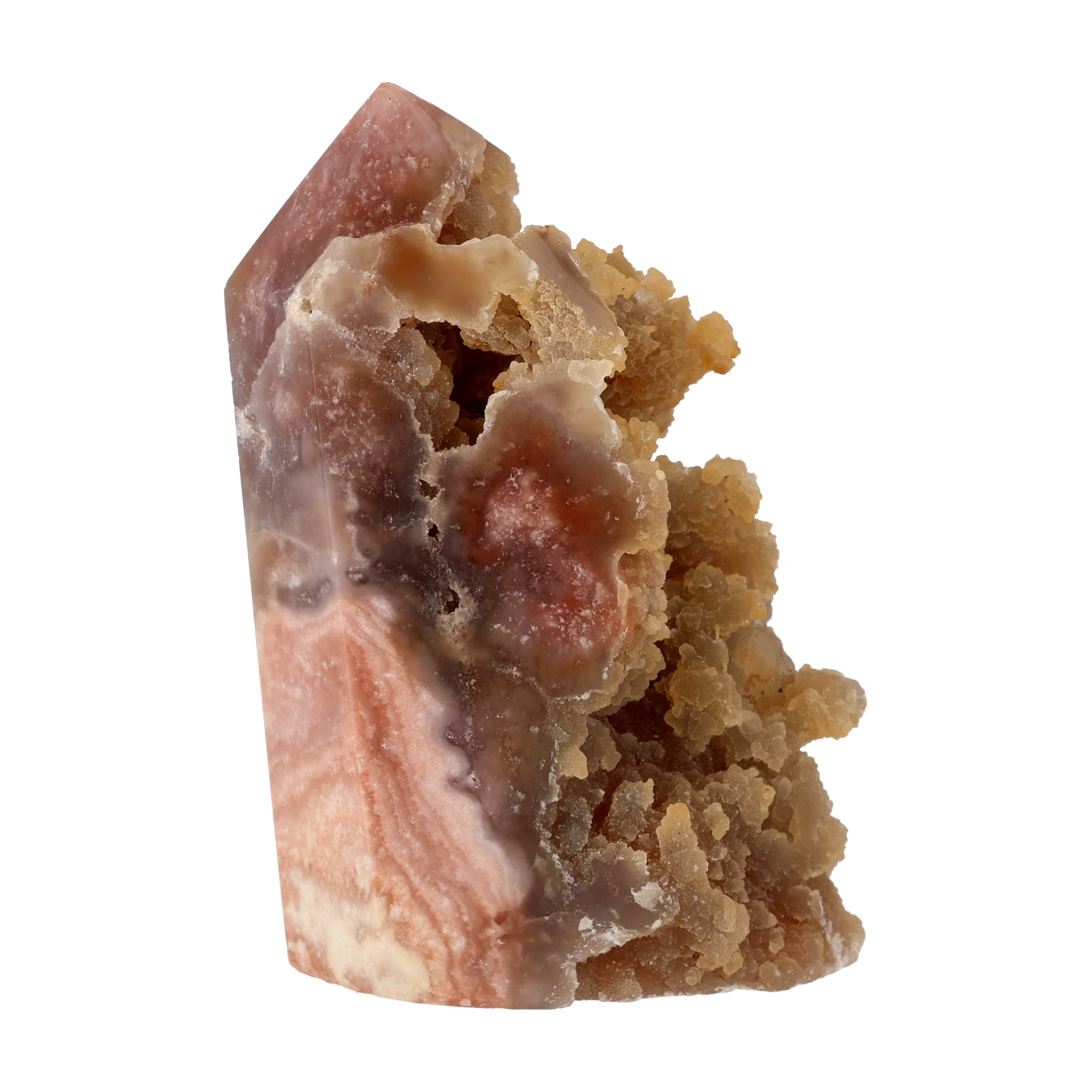 Pink Amethyst Spitze mit botryoidal Chalcedon und Calcit aus Brasilien, teilweise poliert, 2,1 kg schweres naturbelassenes Einzelstück mit Geodenstruktur