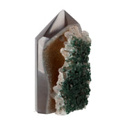 Achat Spitze mit Chalcedon Bänderung und natürlicher Quarzdruse aus Brasilien, 12,5 cm hoch, poliertes Einzelstück mit offener Geodenstruktur