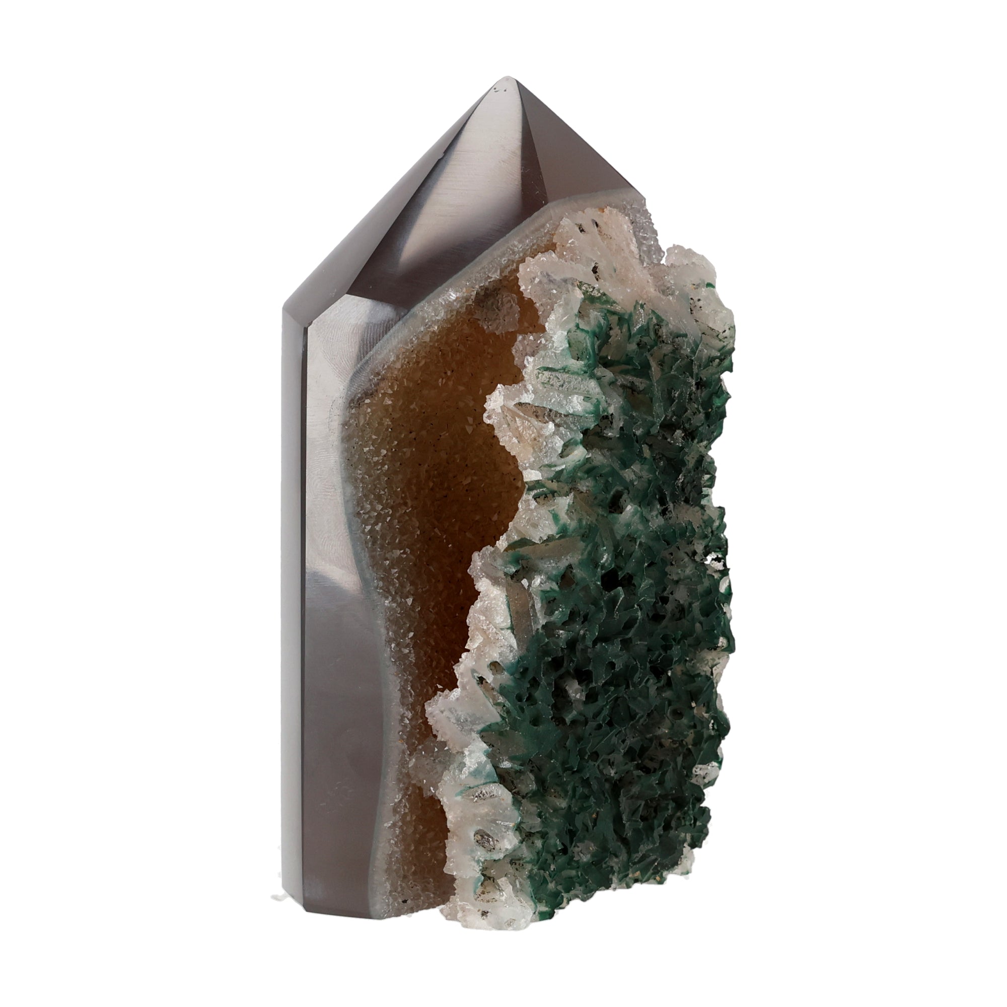 Achat Spitze mit Chalcedon Bänderung und natürlicher Quarzdruse aus Brasilien, 12,5 cm hoch, poliertes Einzelstück mit offener Geodenstruktur
