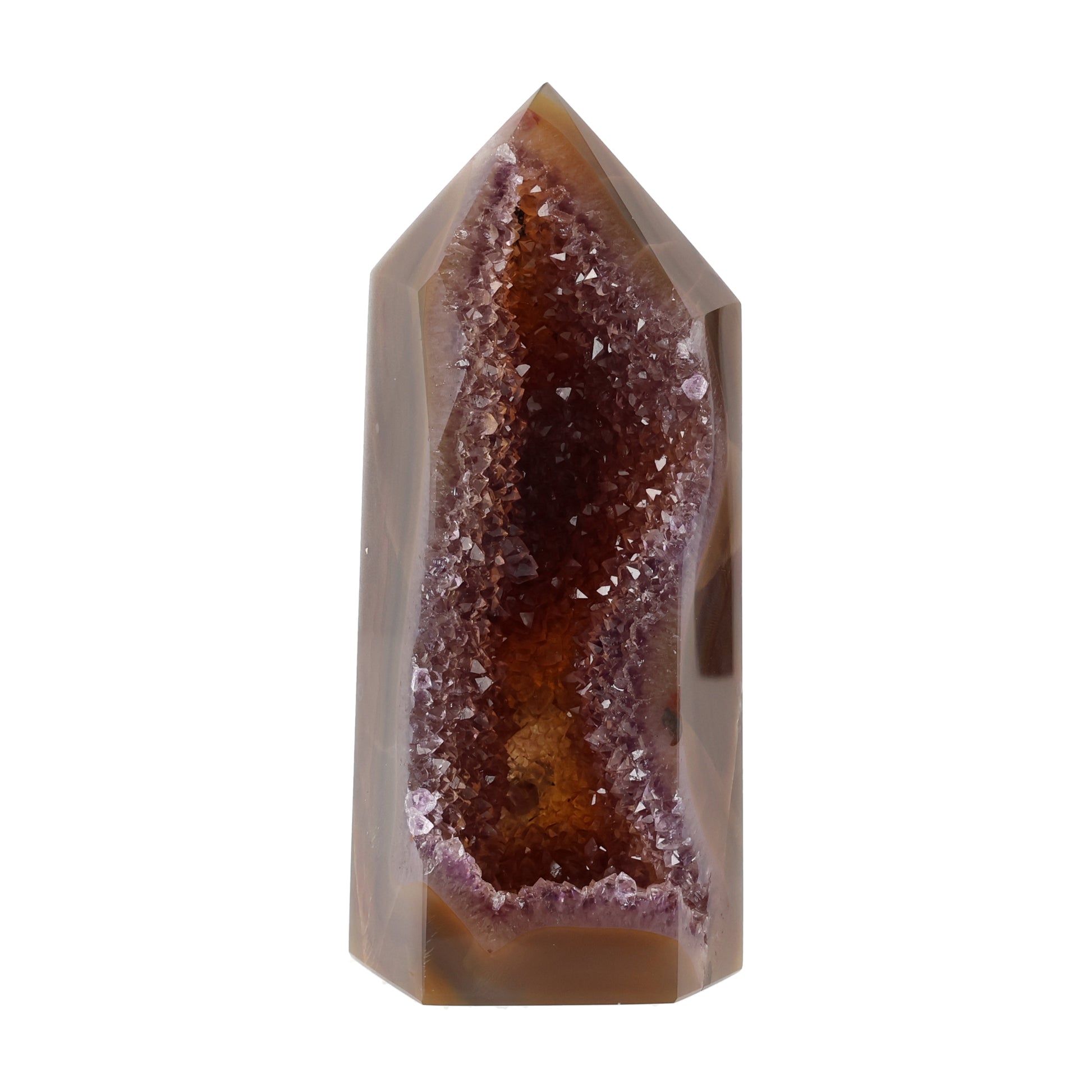 Amethyst Fire Obelisk mit offener Amethystdruse aus Brasilien, 16 cm hoch, 648g schwer, poliertes Einzelstück mit Chalcedon-Bänderung und natürlicher Geodenstruktur